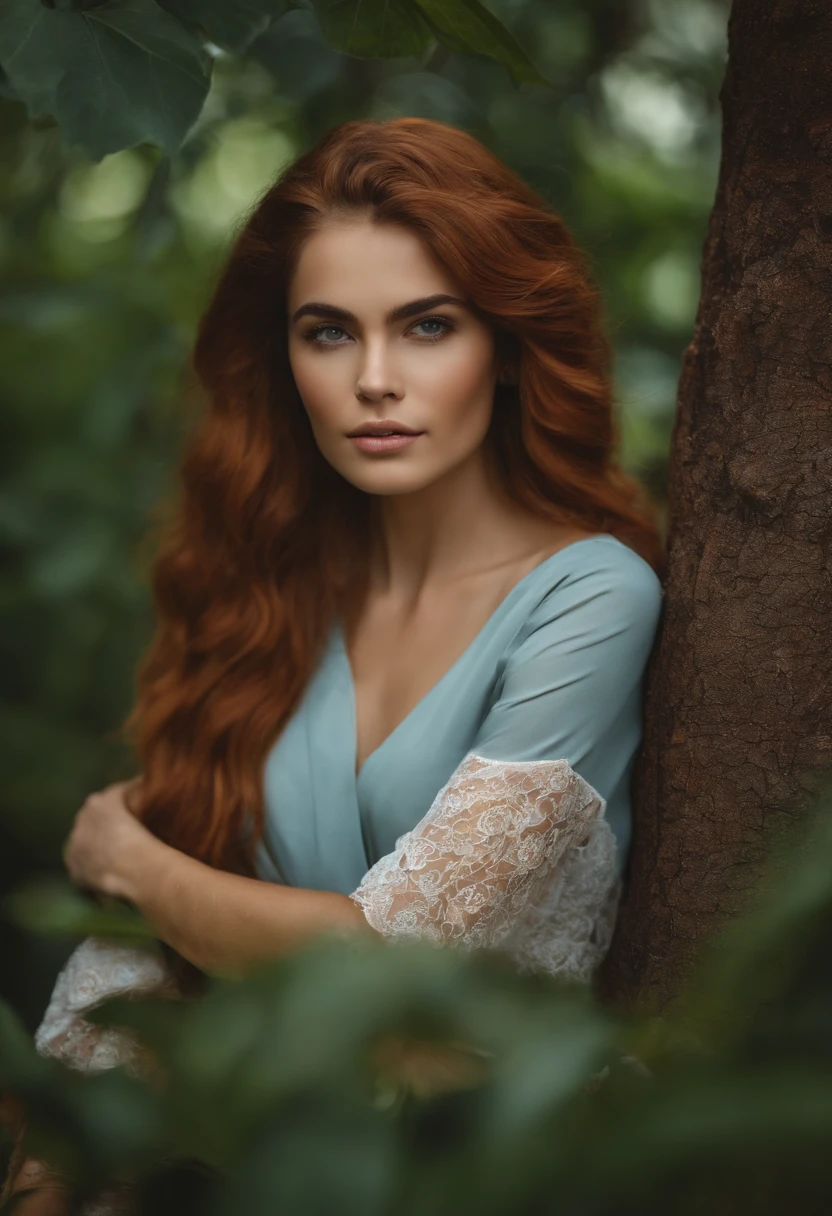 Uma bela jovem de cabelo longo cacheado, sentada lendo um livro na varanda