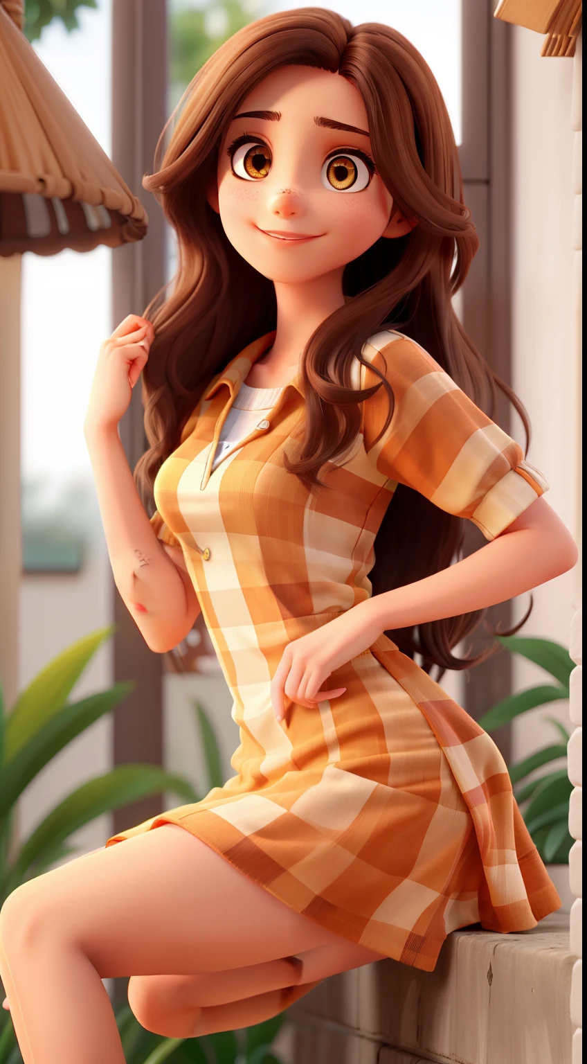 A beautiful girl with medium straight hair and dark brown, Olhos cor de mel em vestido laranja