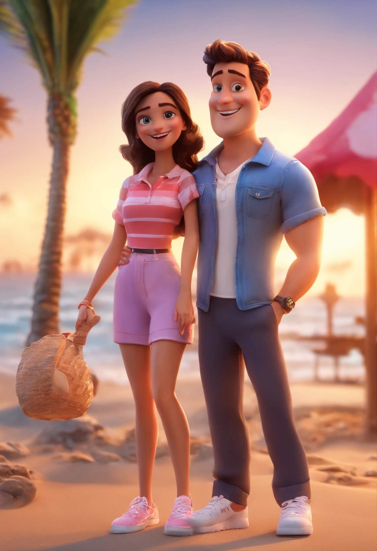 Cartoon couple having fun on beach vacation together, 3D Animation Movie Poster, Poster de filme animado, pixar 3 d animation style, pixar renderman rendering, maia 8 mil, animation film, Disney Pixar Estilo 3D, casal apaixonado, homem branco cabelo loiro, gordinho, Blue Eyes Gradient Social Hair, Camisa azul, black pant, black tennis, Mulher negra clara, olhos cor de mel, blue denim jumpsuit, cabelo longo, Pink Sneakers Outdoors, vacation, praia, Disney Pixar Animation Poster