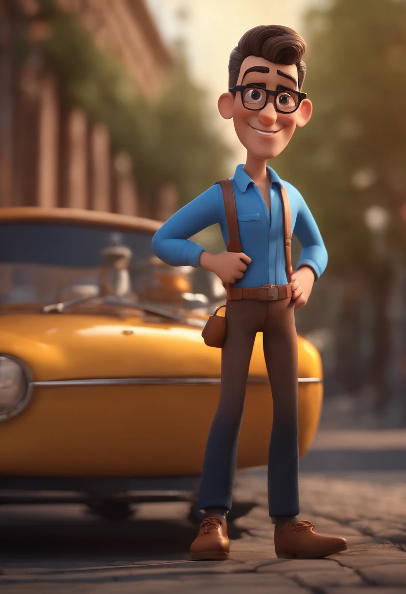 Cartoon character of a man with black glasses and a blue shirt, animation character, Caractere estilizado, animation style rendering, 3D estilizado, Arnold Maya render, 3 d render stylized, toon render keyshot, Personagem 3D, Personagem 3D, 3d rendering stylized, 3 d character render, personagem de desenho animado, Personagem de close up, Pose de personagem,  (Estilo Pixar) (master part:1.2) (Bokeh) (best quality) (pele detalhada) (textura detalhada) (8k) (argila) (Cinematic lighting) (foco nítido
