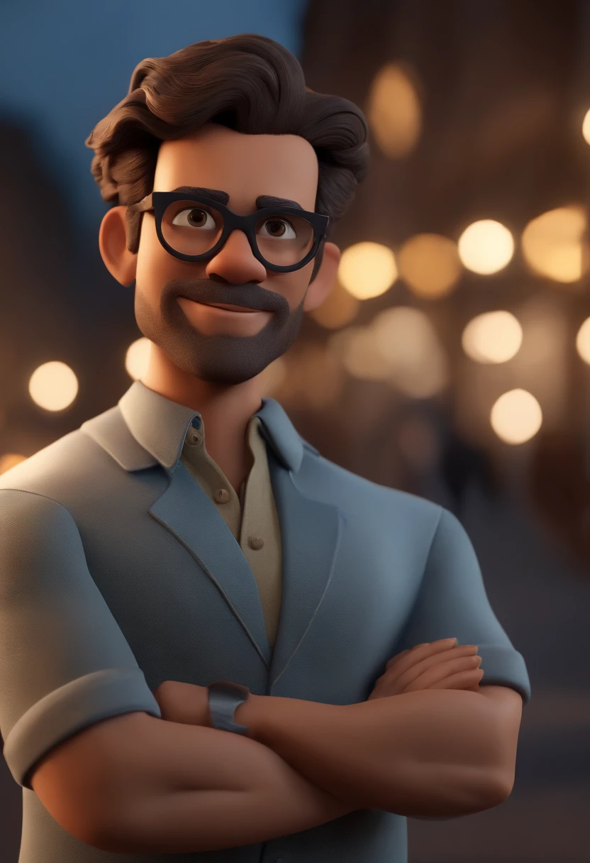 Cartoon character of a man with black glasses, cabelo cacheado marrom escuro e uma camisa azul, animation character, Caractere estilizado, animation style rendering, 3D estilizado, Arnold Maya render, 3 d render stylized, toon render keyshot, Personagem 3D, Personagem 3D, 3d rendering stylized, 3 d character render, personagem de desenho animado, Personagem de close up, Pose de personagem,  (Estilo Pixar) (master part:1.2) (Bokeh) (best quality) (pele detalhada) (textura detalhada) (8k) (argila) (Cinematic lighting) (foco nítido