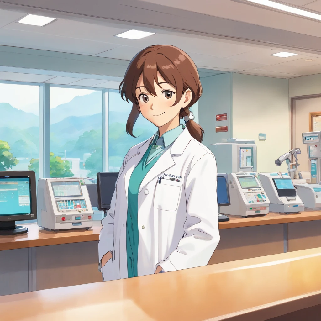 Standing at the reception desk of a hospital wearing a white lab coat，Look into the distance，With a smile，white  clothes，Faraway view，Studio Ghibli