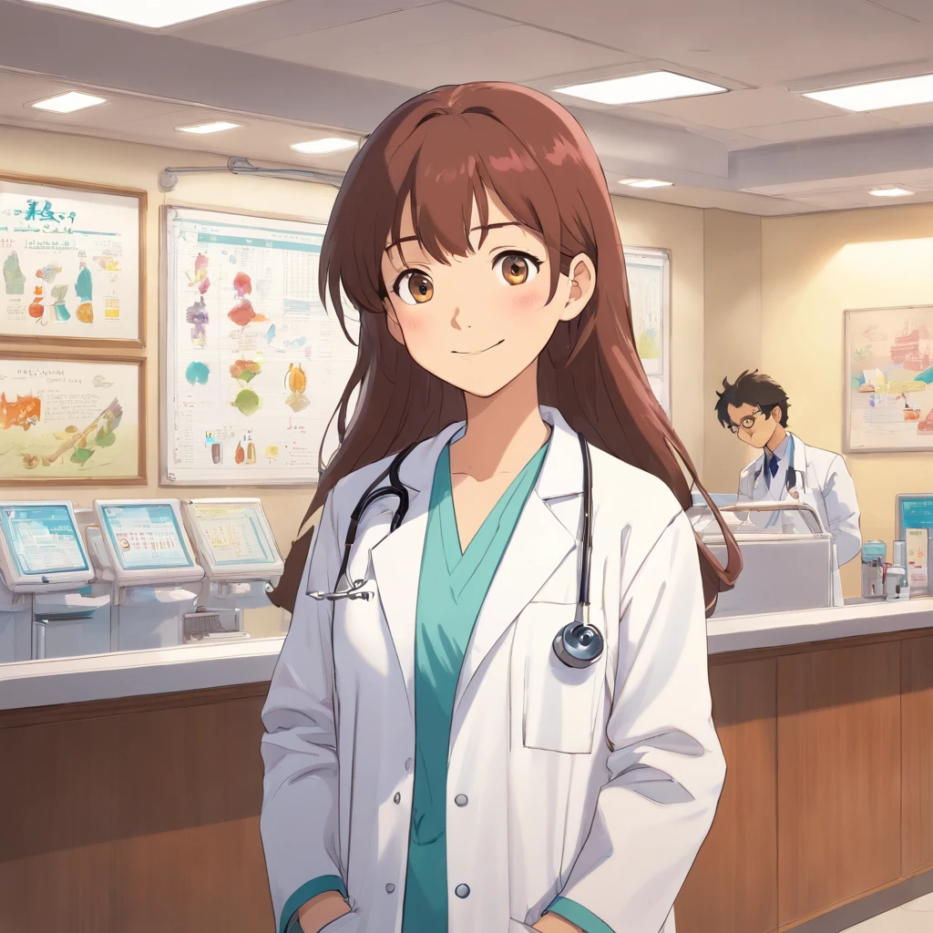 Standing at the reception desk of a hospital wearing a white lab coat,Look into the distance,With a smile,white clothes,Faraway view,Studio Ghibli