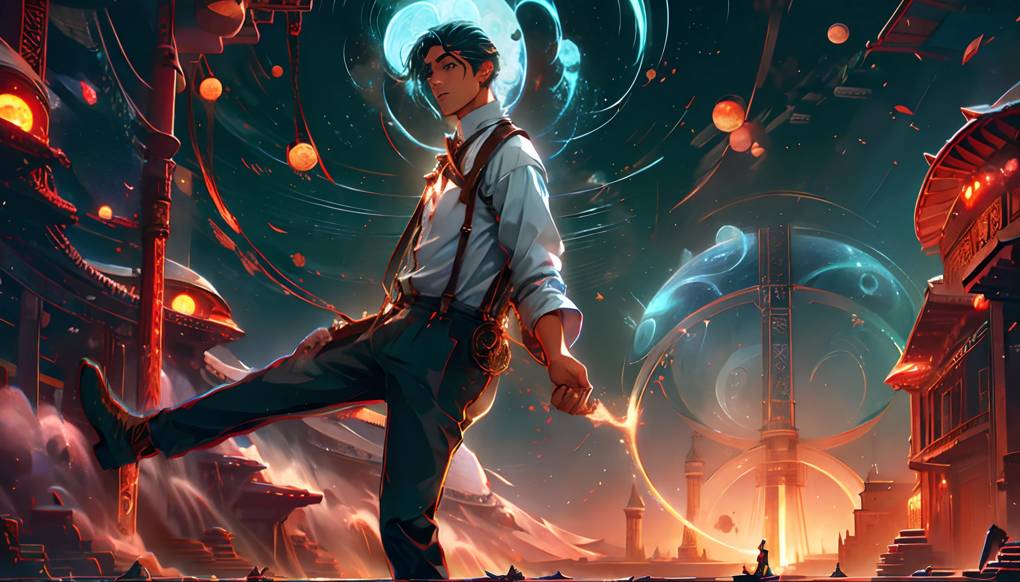 Starry sky over the sea,Great Blood Moon,Giant whales,Meteors streak across,aurora borealis,middle parted hairstyle,Suspenders,Boy student