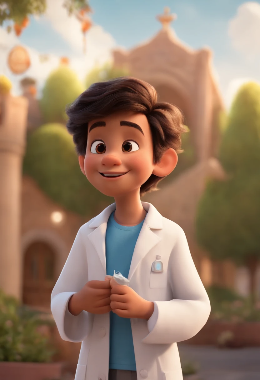 Create a Pixar-style character inside a lab coat.Image of a boy from a story in a Pixar-formatted YouTube video, He's little Alabest, He was the squad leader, He is very outgoing, naughty，The expression is happy and excited，In his left hand, he holds the experimental equipment，Holding a plastic bag in his right hand