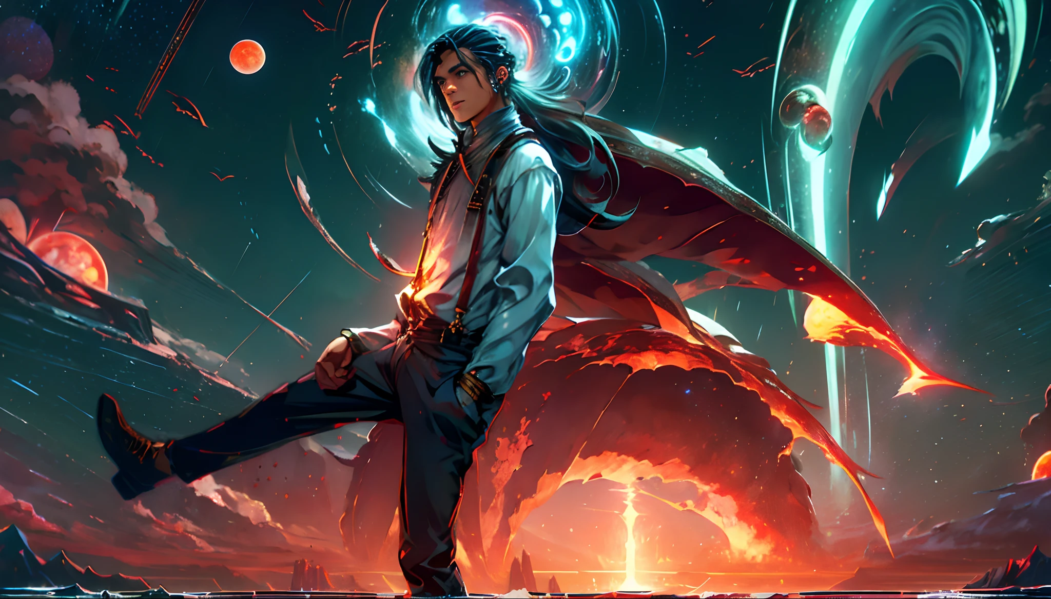 Starry sky over the sea，Great Blood Moon，Giant whales，Meteors streak across，aurora borealis，middle parted hairstyle，Suspenders，Boy student