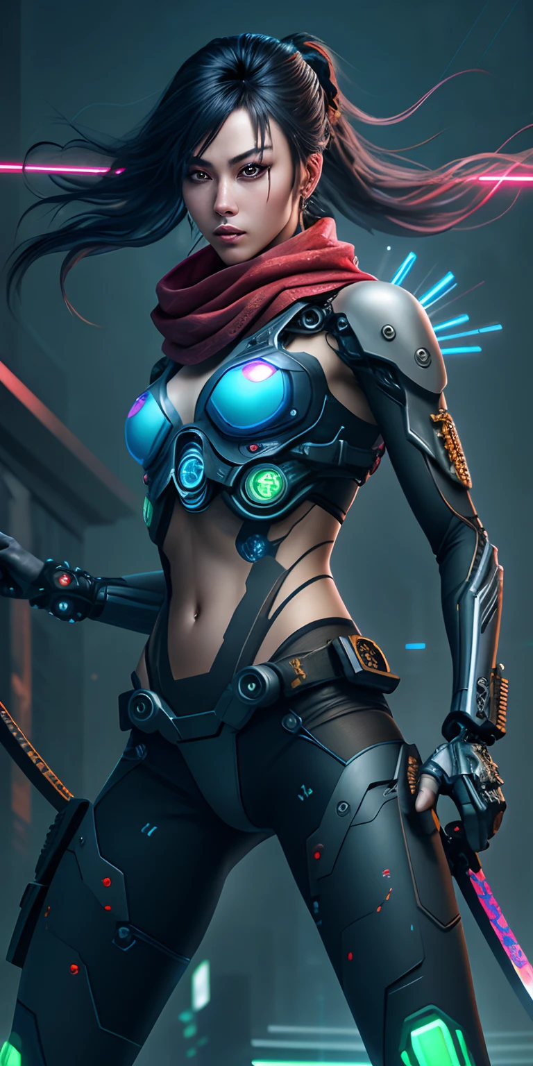 Masterpiece, Best Quality, Girls, Slender, Red Eyes, Hair Color, Iridescent, Long Hair Spreading, White Skin, Medium, Cute, Sexy, Near Future, Bikini, Exposed Skin, Night, Psychedelic, Trip, Extreme Color, Paisley Theme, Open Legs, Mechanical Left Arm, Full Body