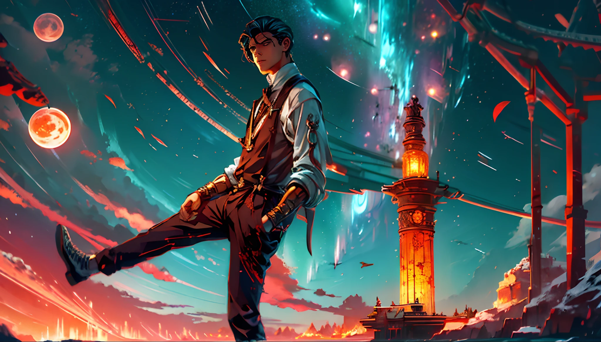 Starry sky over the sea,Great Blood Moon,Giant whales,Meteors streak across,aurora borealis,middle parted hairstyle,Suspenders,Boy student