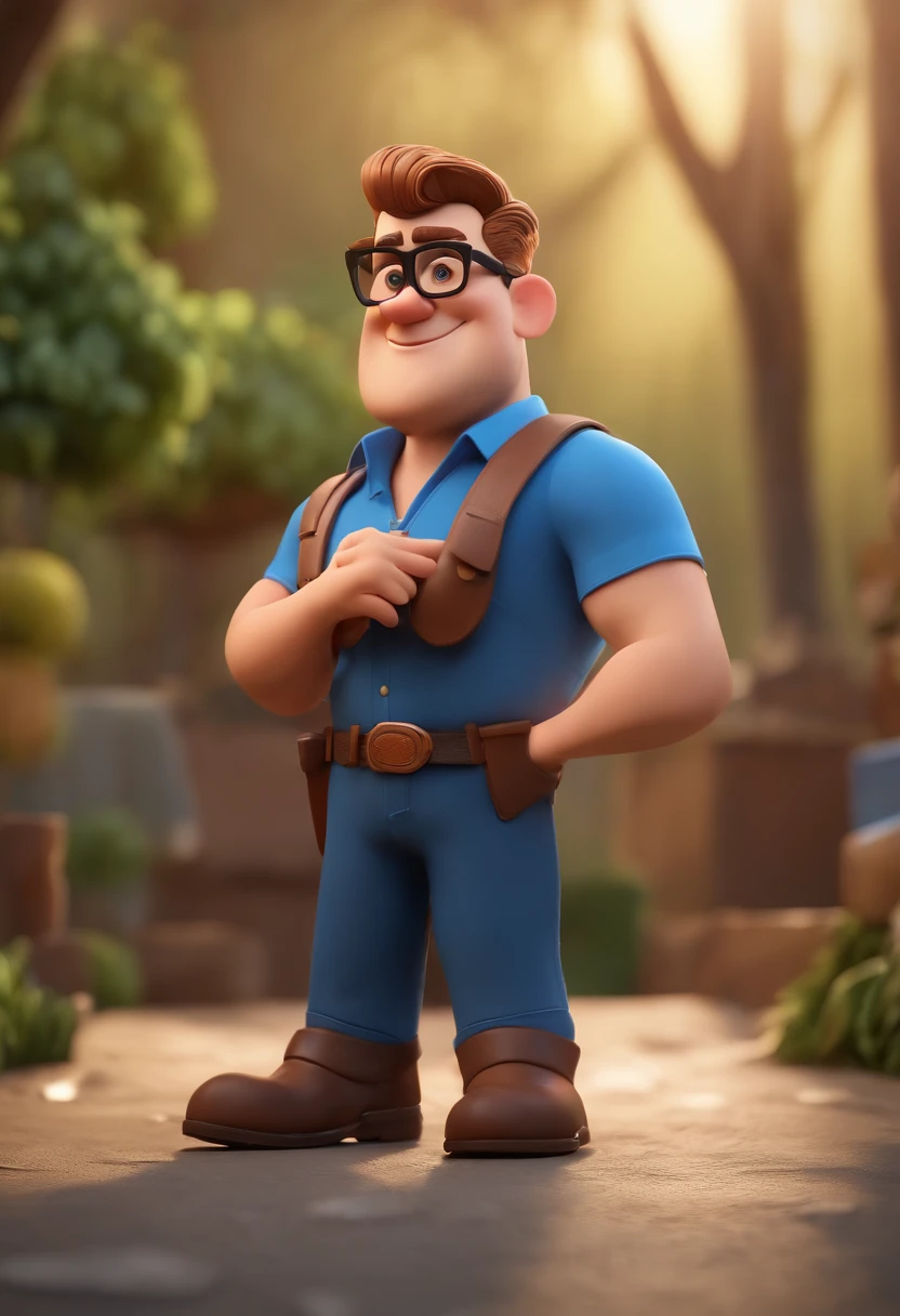 Cartoon character of a man wearing black glasses and a blue shirt, um personagem animado, Caractere estilizado, animation style rendering, 3D estilizado, Arnold Maya render, 3 d render stylized, toon render keyshot, Personagem 3D, Personagem 3D, 3d rendering stylized, 3 d character render, personagem de desenho animado, Personagem de close up, Pose de personagem, (Estilo Pixar) (master part:1.2) (Bokeh) (best quality) (pele detalhada) (textura detalhada) (8k) (argila) (Cinematic lighting) (foco nítido，Senta e vaza a parte superior do corpo