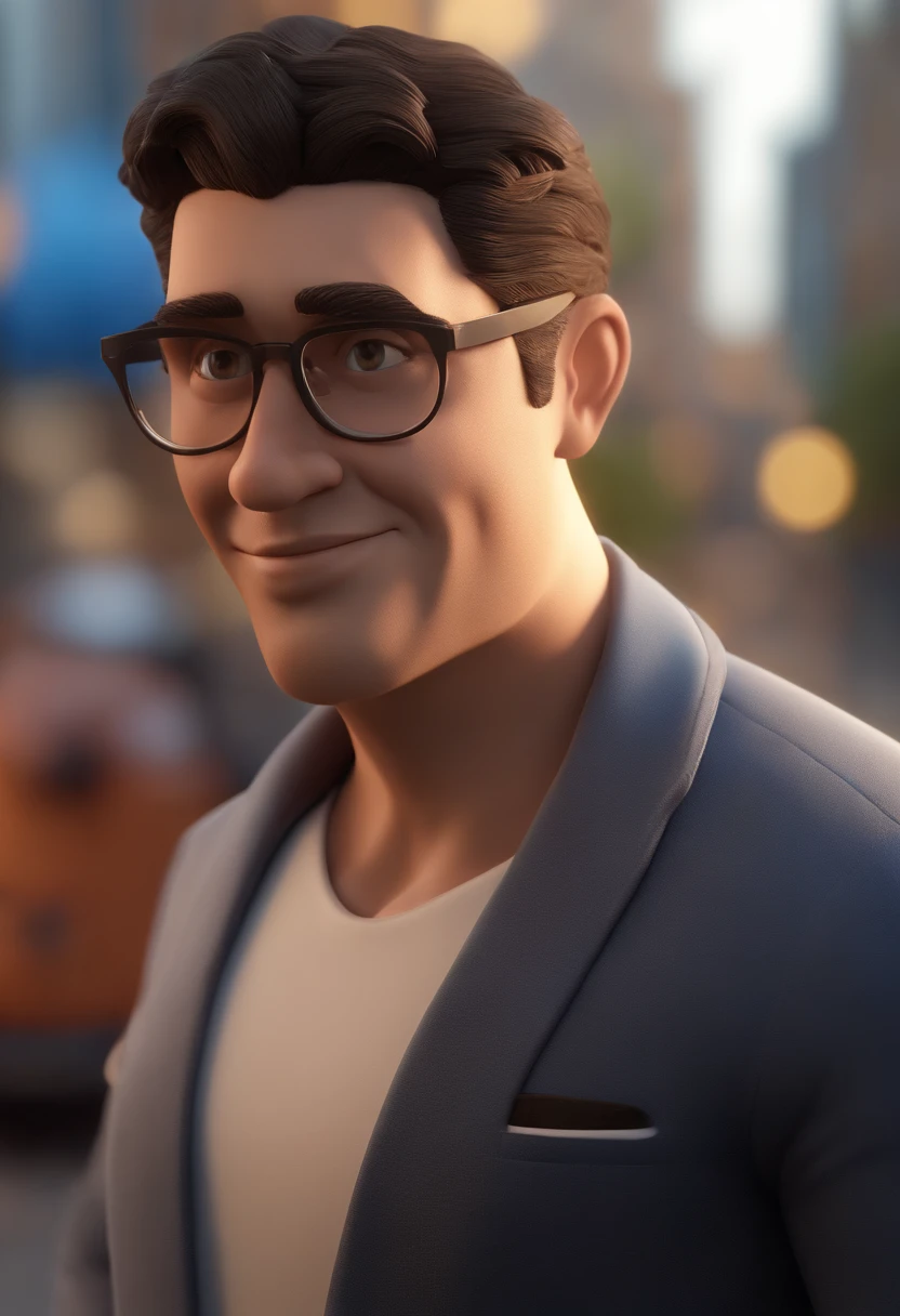 Cartoon character of a man wearing black glasses and a blue shirt, um personagem animado, Caractere estilizado, animation style rendering, 3D estilizado, Arnold Maya render, 3 d render stylized, toon render keyshot, Personagem 3D, Personagem 3D, 3d rendering stylized, 3 d character render, personagem de desenho animado, Personagem de close up, Pose de personagem, (Estilo Pixar) (master part:1.2) (Bokeh) (best quality) (pele detalhada) (textura detalhada) (8k) (argila) (Cinematic lighting) (foco nítido,Senta e vaza a parte superior do corpo