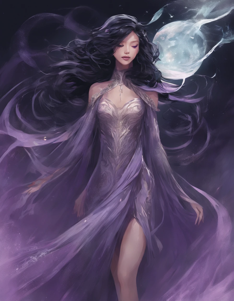 (full body shot:1.1) illustration image of a (standing pose:1.1). Female, levitating, wearing dark billowing robes that absorb the surrounding light. She is shrouded in a swirling veil of shadows that coil around her like living tendrils. (Amethyst eyes), sharp and penetrating. Her features bear an otherworldly beauty. (Caramel skin) with a faint iridescence around her. Her hair is a cascade of inky black, seemingly woven from the night itself, and it tumbles in dark, seductive waves that appear to absorb the surrounding light. See through top.