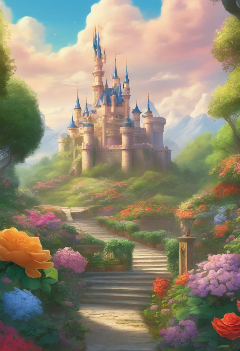 Epic CG matte painting, wide view, pale green clouds, Disney castle, garden full of flowers on the clouds, a few drops of water falling from the clouds, a sea of pale green roses, HD images, Unreal Engine, ArtStation 4k HD trend