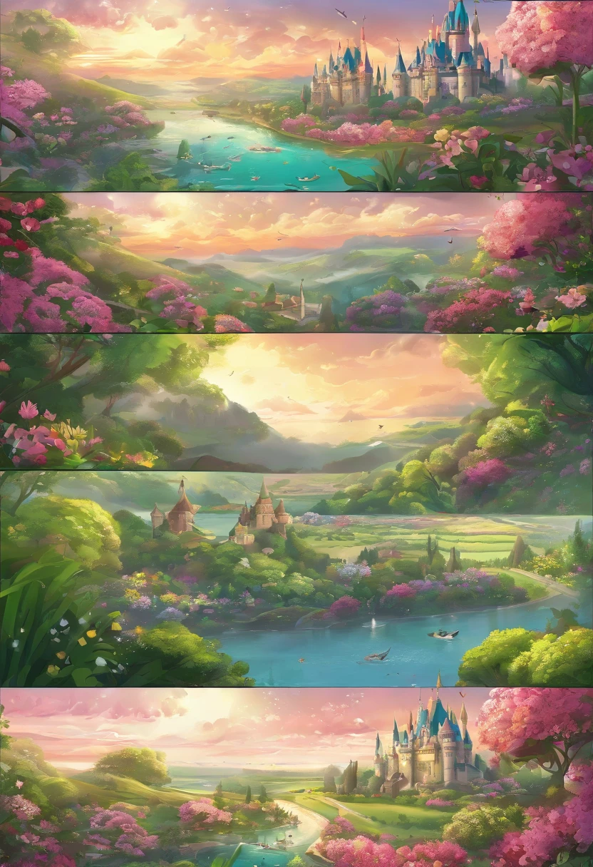 Epic CG matte painting, wide view, pale green clouds, Disney castle, garden full of flowers on the clouds, a few drops of water falling from the clouds, a sea of pale green roses, HD images, Unreal Engine, ArtStation 4k HD trend