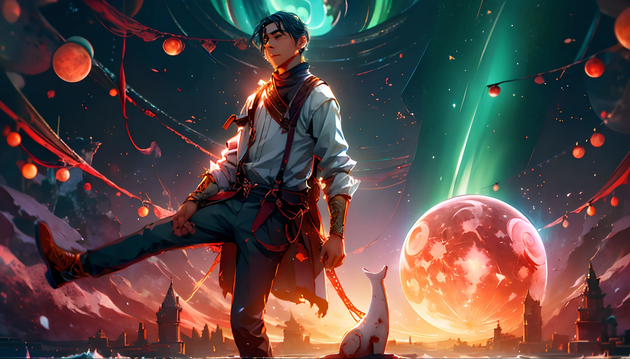 Starry sky over the sea，Great Blood Moon，Giant whales，Meteors streak across，aurora borealis，middle parted hairstyle，Suspenders，
