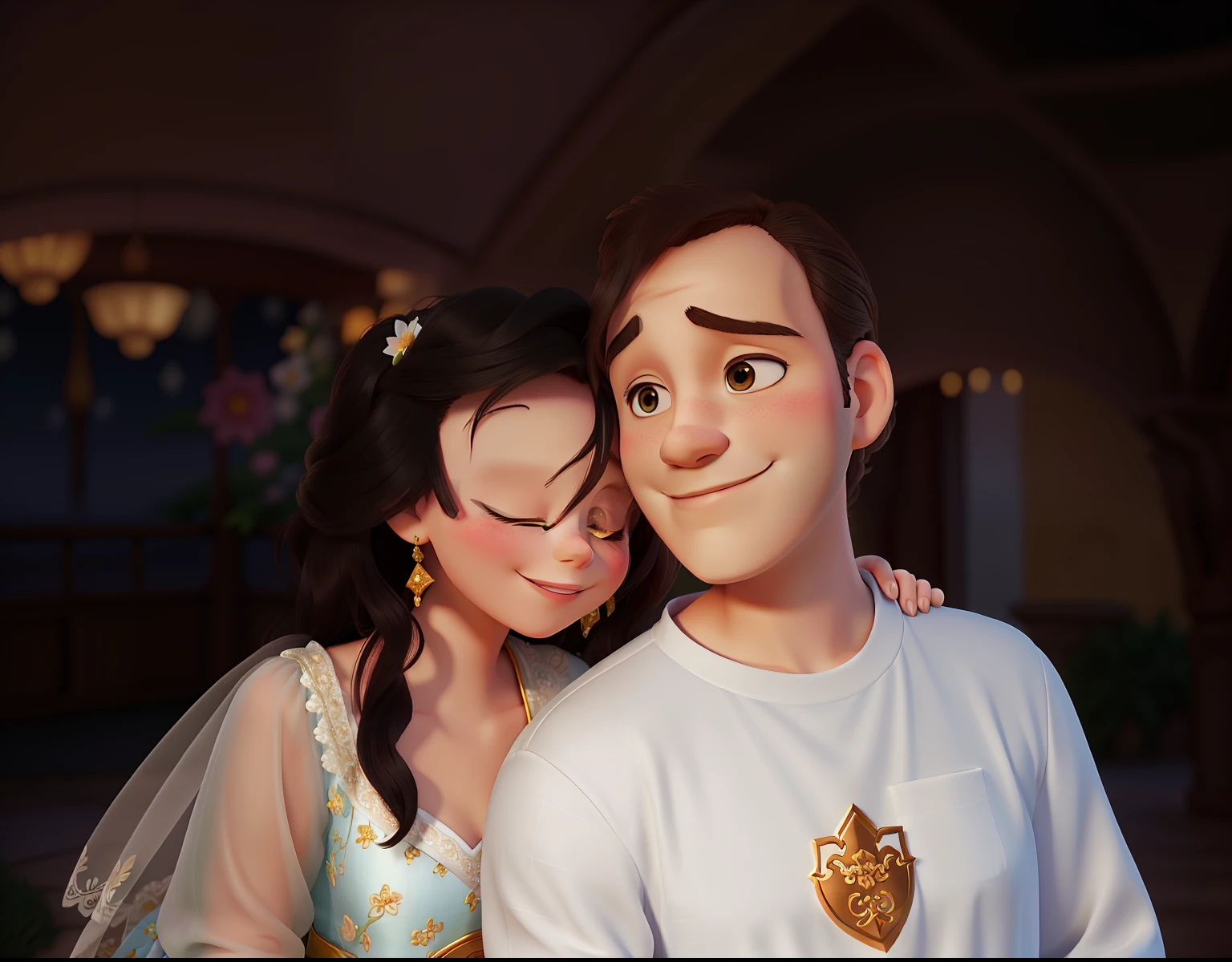 A happy couple in a Disney-like love movie, (best quality, real 4k resolution), (romantic, dreamy:1.1), (vibrant colors:1.1), (soft lighting:1.1), embracing passionately, with love radiating from their eyes, enchanting smiles, and gentle touch. The scene is set in a beautiful garden with blooming flowers and lush greenery. The couple is dressed elegantly, the woman wearing a flowing gown and the man in a tailored suit. They are surrounded by an air of magic and romance, as if they stepped into a fairytale. The artwork should have a soft and dreamy atmosphere, resembling an illustration from a storybook, with meticulous attention to detail in their facial features, particularly their eyes, lips, and the tenderness in their expressions. The overall image should evoke a sense of joy, love, and everlasting happiness, capturing the essence of a magical Disney love story.