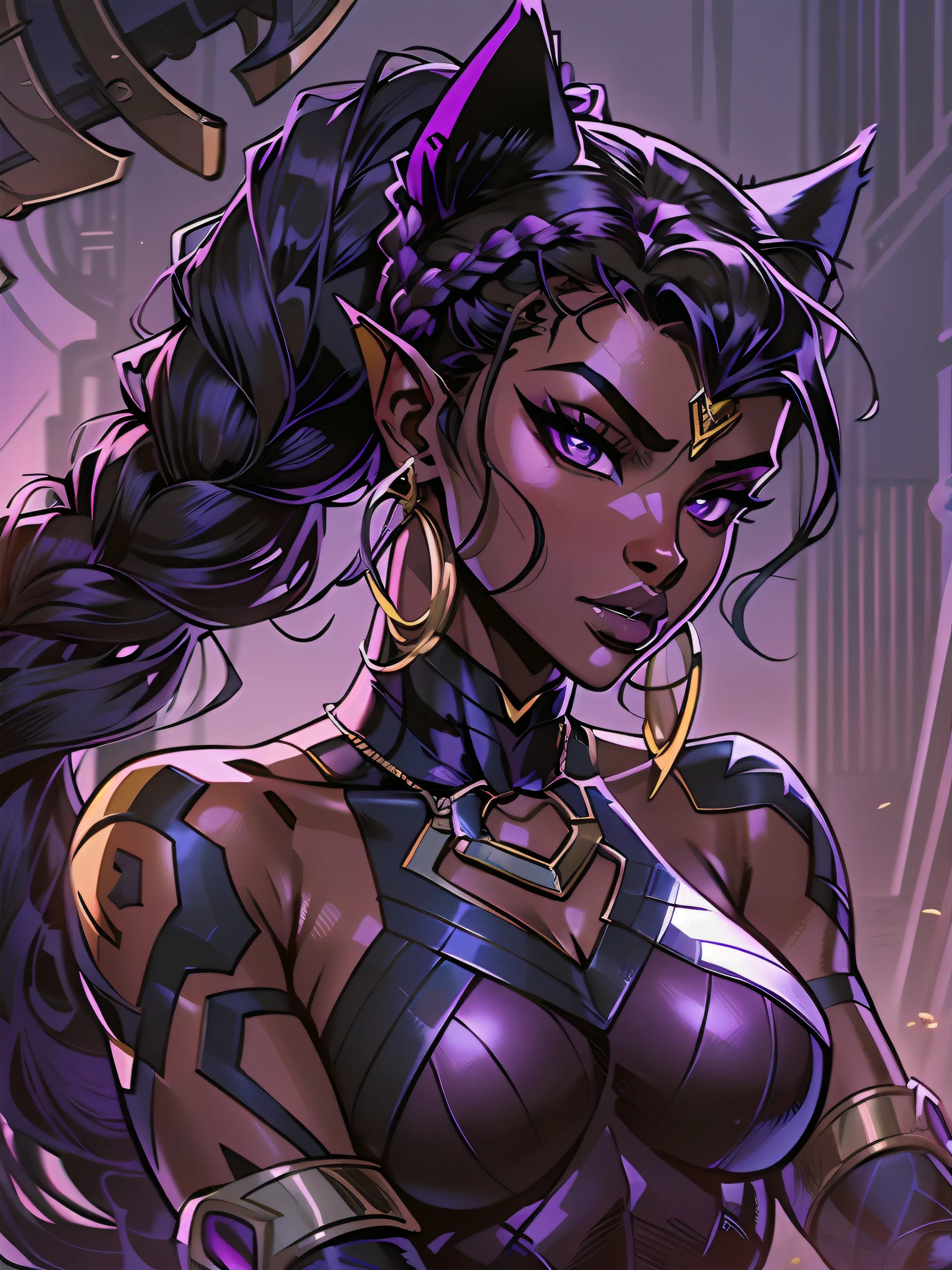 (Concept Art) of an (African American) female, with dark (black dreadlocks), purple eyes, dark (brown skin), (pointed ears), (slutty assassin), sexy black robe, (lust) demon, (medium shot), perfect composition, hyper-detailed, 8K, high quality, (perfect eyes), trending art, sharp focus, studio photo, intricate details, (Pin-up) pose