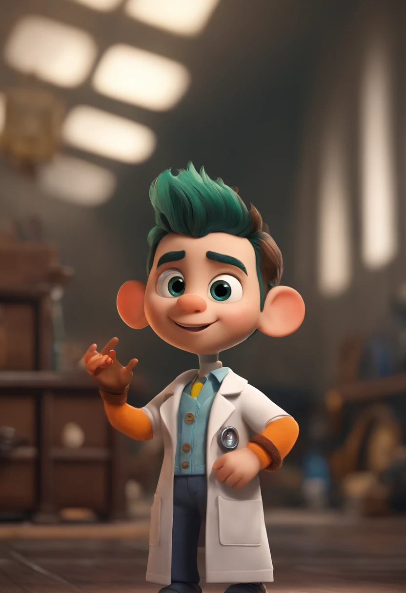 Create a Pixar-style character inside a lab coat.Images of boys in stories in Pixar-formatted YouTube videos, He's little Alabest, He was the squad leader, He is very outgoing, Naughty,The expression is happy and excited,In his left hand, He was holding experimental equipment,In his right hand, he holds a plastic bag