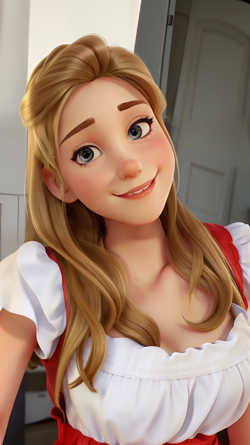 Brown-eyed blonde woman in a typical German dress.