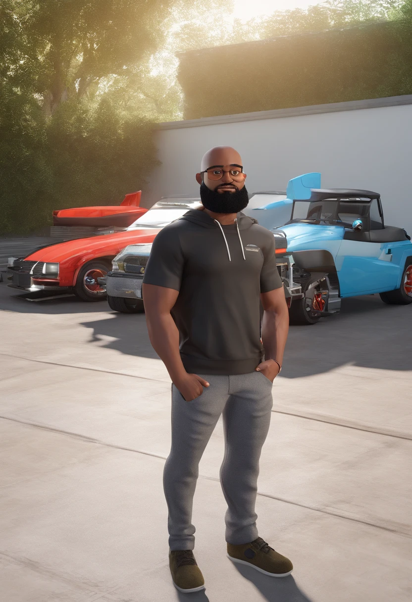 Create a Pixar-style 3D image: An automotive garage with a picture on the wall that says Garage Service 1327 and with a car and a skinny man with black skin, bald and very big beard, 35 years old with white sneakers, black pants, black t-shirt with logo 1327 and fixing the car with open hood showing the engine and inspired by faster and angrier