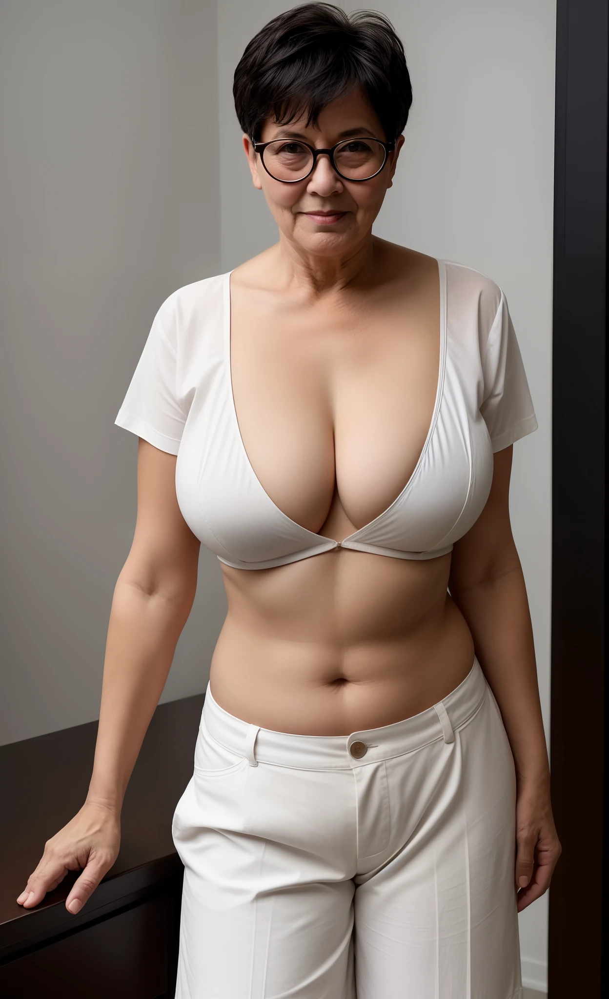 bespectacled elderly older mature master cheeky female brazenly in unbuttoned cleavaged midriff-shirt, deep unglued V-neck, V-chest cleavage, overly low rise sailor pants, very short shaved black mature woman haircut, deep and drop-shaped big navel!