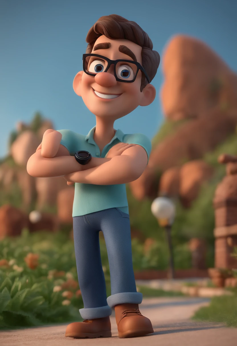 Cartoon character of a man with black glasses and a blue shirt, animation character, Caractere estilizado, animation style rendering, 3D estilizado, Arnold Maya render, 3 d render stylized, toon render keyshot, Personagem 3D, Personagem 3D, 3d rendering stylized, 3 d character render, personagem de desenho animado, Personagem de close up, Pose de personagem,  (Estilo Pixar) (master part:1.2) (Bokeh) (best quality) (pele detalhada) (textura detalhada) (8k) (argila) (Cinematic lighting) (foco nítido