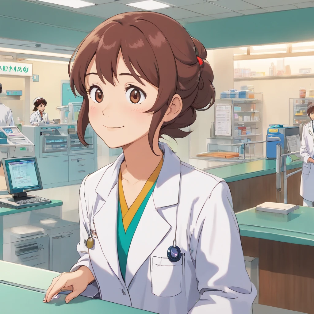 A woman in a lab coat and a guardian stands at the reception desk of a hospital,Look into the distance,With a smile,white clothes,Faraway view,Studio Ghibli