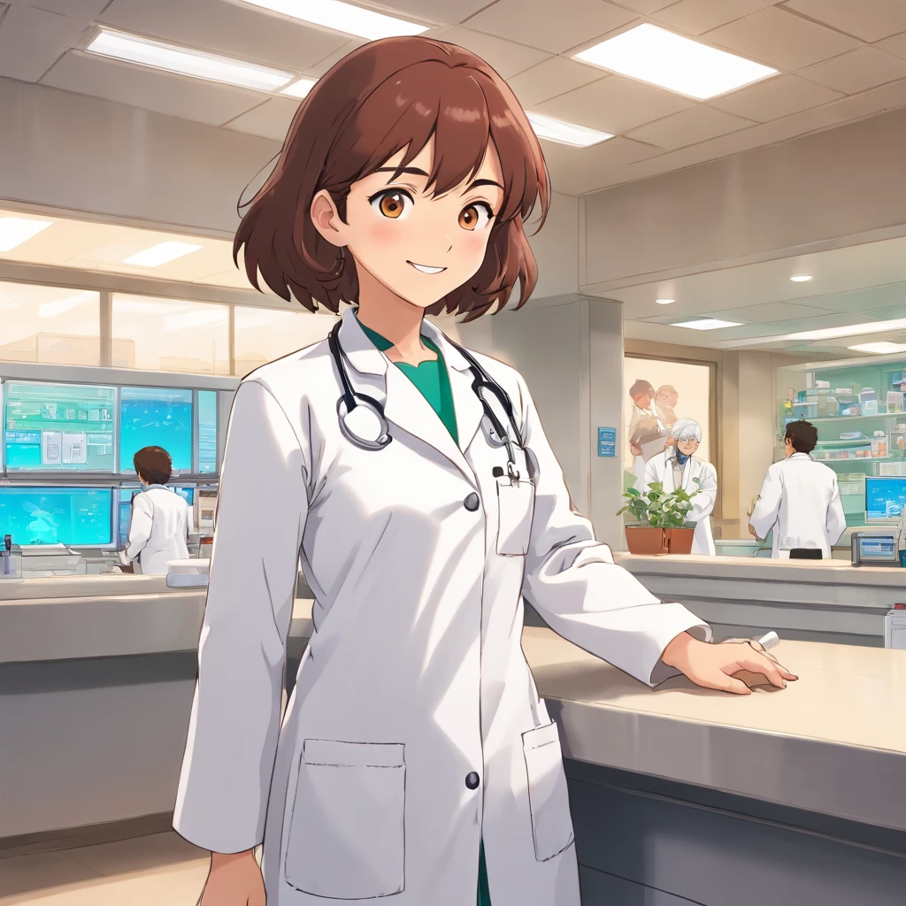 A woman in a lab coat and a guardian stands at the reception desk of a hospital,Look into the distance,With a smile,white clothes,Faraway view,Studio Ghibli