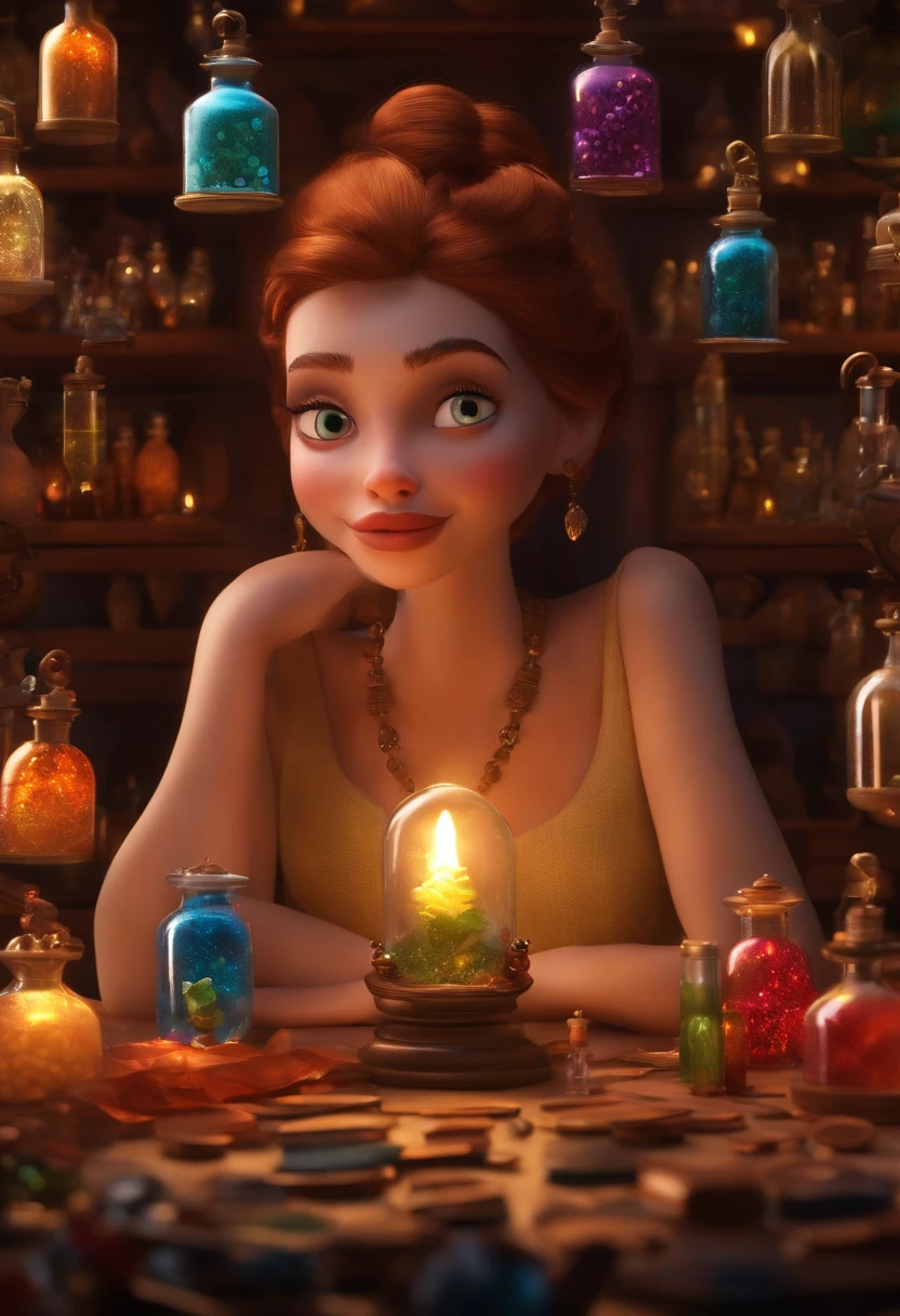 A collector of ideas inspired by Pixar animation, de perto. She is surrounded by a collection of magic vials, each containing a unique idea. The focus is on the character, with a captivating facial expression, Against a backdrop of shimmering, cores efervescentes.