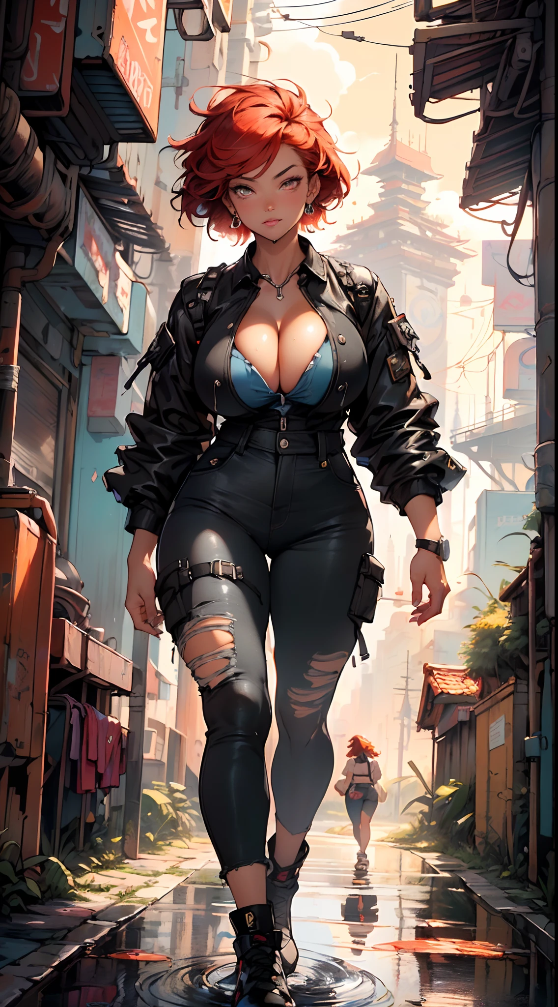 mechanical girl,(1girl:1.3),((1 black girl with extremely cute and beautiful red hair)),((((black race)))),

(big breasts: 1.4),sagging breasts,(((short red hair: 1.35,cropped,redhead,very short hair))),((heterochromia:1.5, (orange_eye and red_eye))),intricate eyes,beautiful detailed eyes,symmetrical eyes,(fat),((((tan,dark skin,black skin:1.35,dark-skinned_female,dark skin:1.3,ebony skin,lustrous skin:1.5,bright skin: 1.5,shiny skin,very shiny skin,shiny body,illuminated skin,wet legs)))),(spider lower abdomen,narrow waist,wide hip ,athletic body,inflated legs,detailed body,(detailed face)),((muscle legs)),((muscular thighs)),((muscular girl)),((strong and muscular,bodybuilder,strong body,muscular,feminine and muscular)),((ABS)),(huge stature,tall stature,very tall girl),

cute,slutty,sensual,seductive look,seductive,erotic,((nsfw)),

(fitted overalls:1.3,suit unbuttoned),((mechanical tools on his clothing,cyberpunk clothes)),(((huge cleavage))),((wet clothes,intricate outfit,intricate clothes)),

(dynamic pose:1.0),embarrassed,(centered,scale to fit dimensions,Rule of thirds),

cyberpunk city by the ocean at night, with bright neon signs and dark stormy clouds and puddles, scenery:1.25,starry night, cosmos,

artistic photography,(photography taken by sldr),highres, sharp focus, (ultra detailed, extremely detailed), (photorealistic artwork:1.37),(extremely detailed CG unity 8k wallpaper),((synthwave background theme)),(((vibrant colors))),(intricate background),(masterpiece),(best quality),