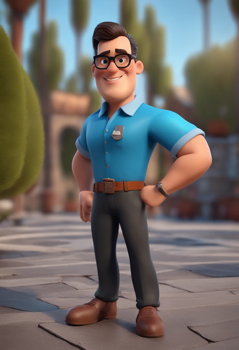 Cartoon character of a man with black glasses and a blue shirt, animation character, Caractere estilizado, animation style rendering, 3D estilizado, Arnold Maya render, 3 d render stylized, toon render keyshot, Personagem 3D, Personagem 3D, 3d rendering stylized, 3 d character render, personagem de desenho animado, Personagem de close up, Pose de personagem, (Estilo Pixar) (master part:1.2) (Bokeh) (best quality) (pele detalhada) (textura detalhada) (8k) (argila) (Cinematic lighting) (foco nítido