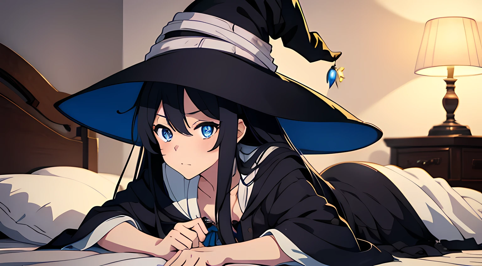 a witch girl, witch hat, white witch outfit, long black hair, blue eyes, lying on bed, best quality, good anatomy, detailed face, anime character magician, bedroom, night time