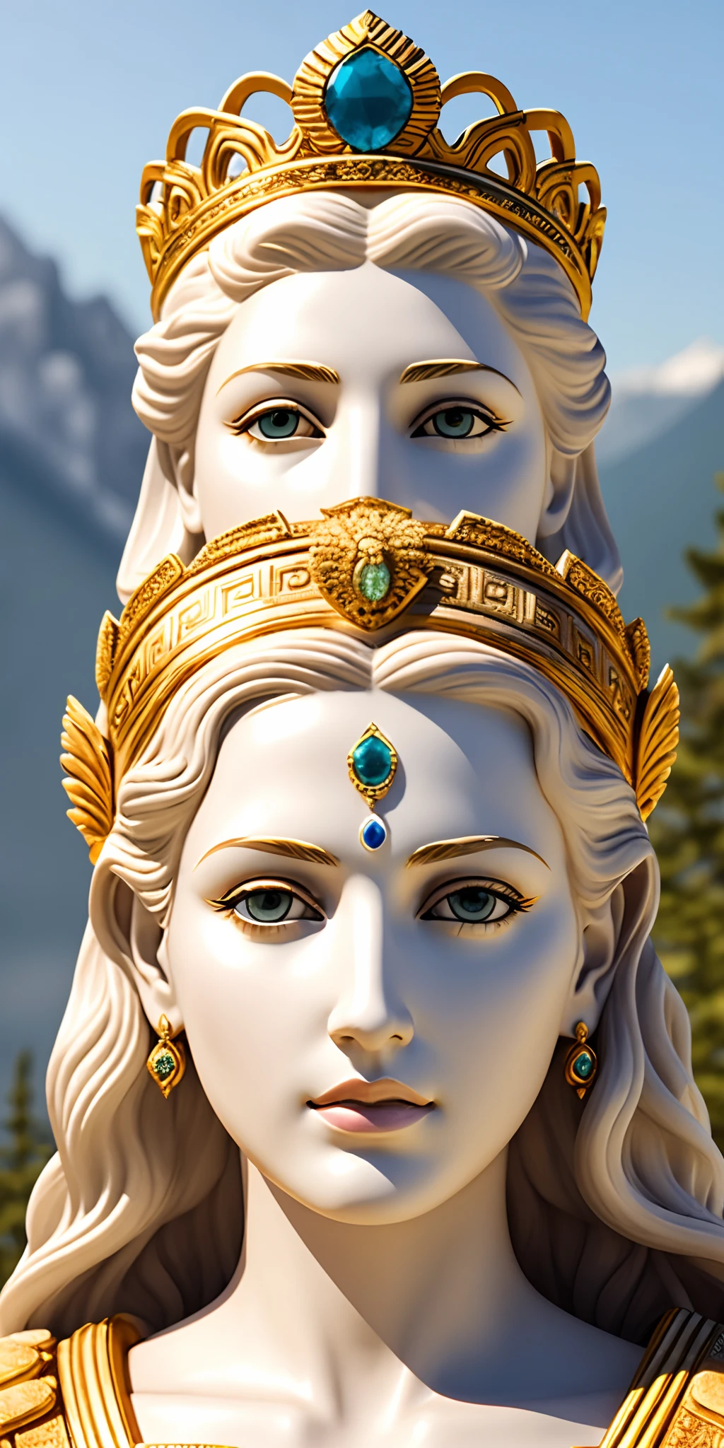 Queen Hera ancient greek goddess royal face, ultra straight nose, detailed drawn eyes, thin lips wearingwhite outfit standingin mount olympus ultra realistic 8k.