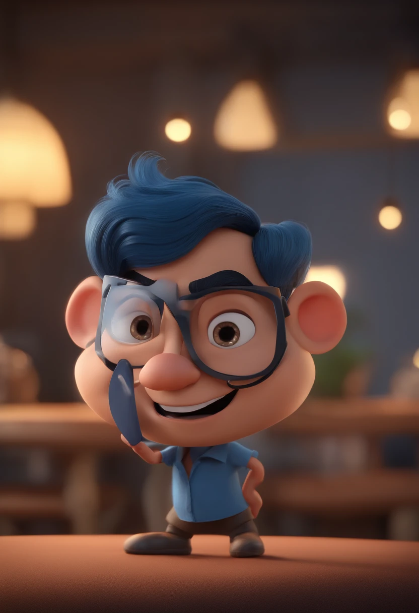 Cartoon character of a man with black glasses and a blue shirt, animation character, Caractere estilizado, animation style rendering, 3D estilizado, Arnold Maya render, 3 d render stylized, toon render keyshot, Personagem 3D, Personagem 3D, 3d rendering stylized, 3 d character render, personagem de desenho animado, Personagem de close up, Pose de personagem,  (Estilo Pixar) (master part:1.2) (Bokeh) (best quality) (pele detalhada) (textura detalhada) (8k) (argila) (Cinematic lighting) (foco nítido