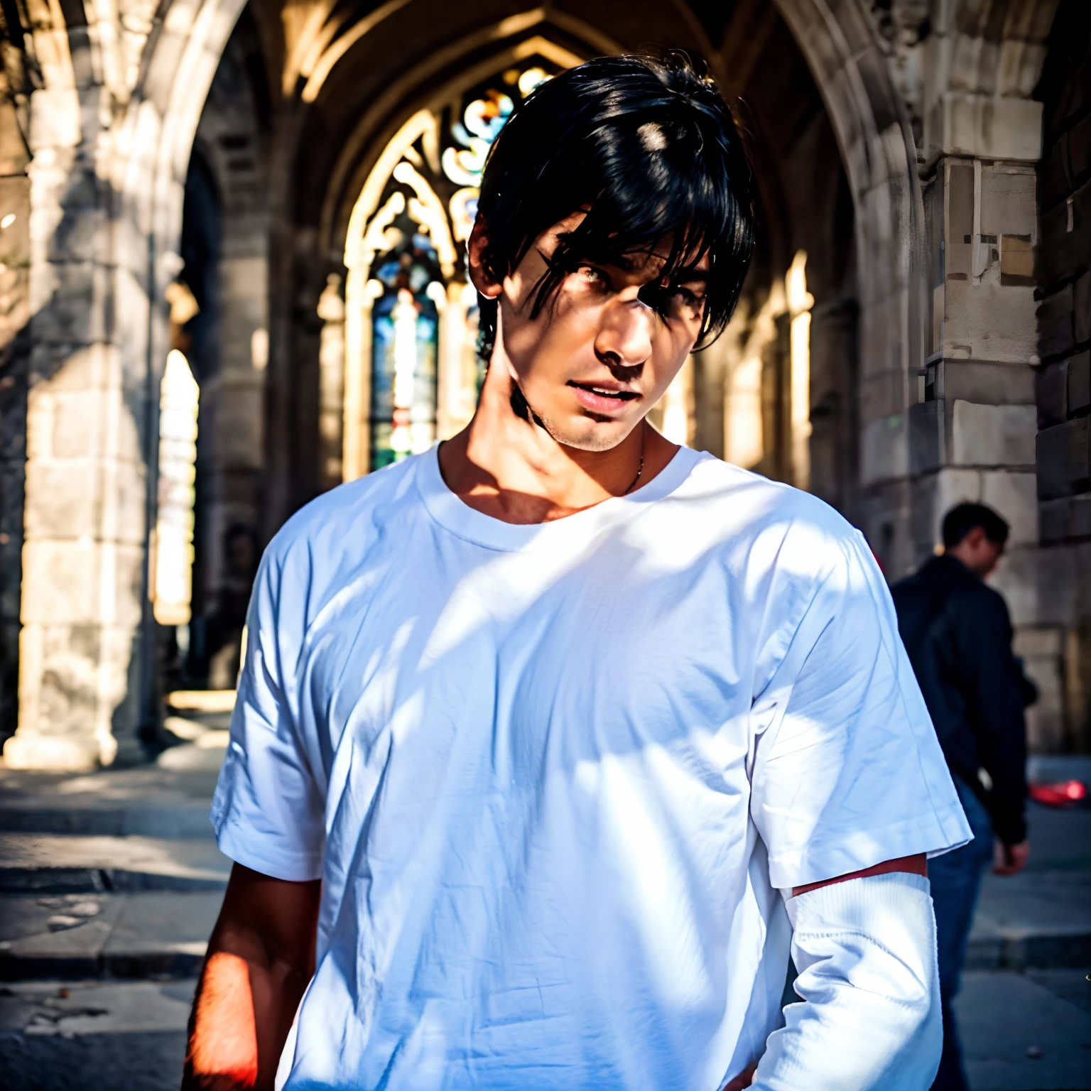 A handsome boy with black hair and black pupils, wearing a white shirt, standing in front of a church. His teeth are clenched and his fists are raised in anger. There are tears streaming down his face. The image is of high quality, with ultra-detail and a realistic, photorealistic style. The color tone is surreal, and the lighting creates a dramatic atmosphere.