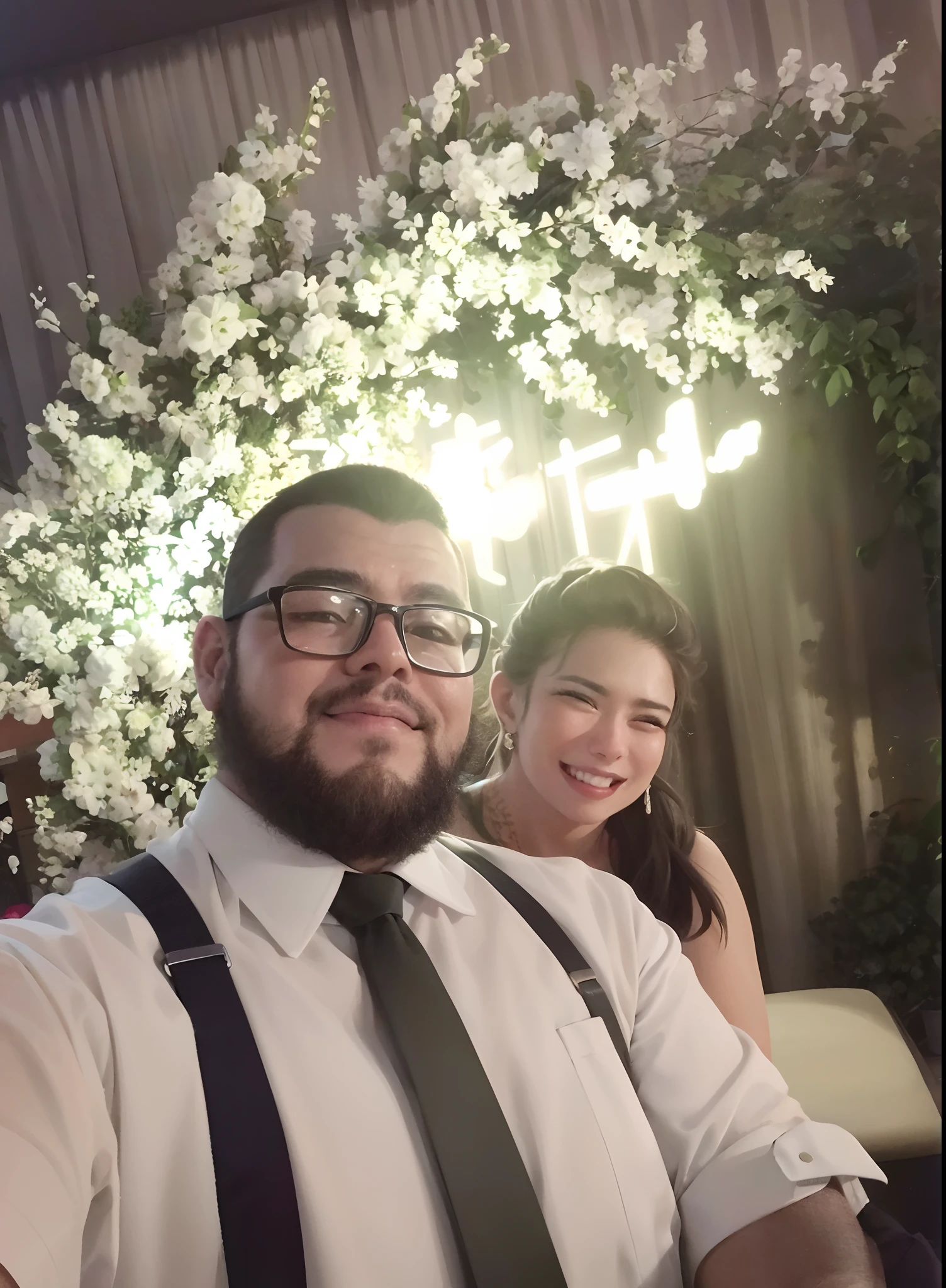 They are posing for a painting in front of a flowery wall, foto do casamento, foto do perfil, imagem de qualidade muito baixa, Tyler Edlin e Natasha Tan, Casal feliz, Forrest em segundo plano, retrato de casais, com nerd! glasses! e cavanhaque, Fotografia selfie 8k, Postagem no Reddit, 🤬 🤮 💕 🎀, foto do snapchat, foto de baixa qualidade