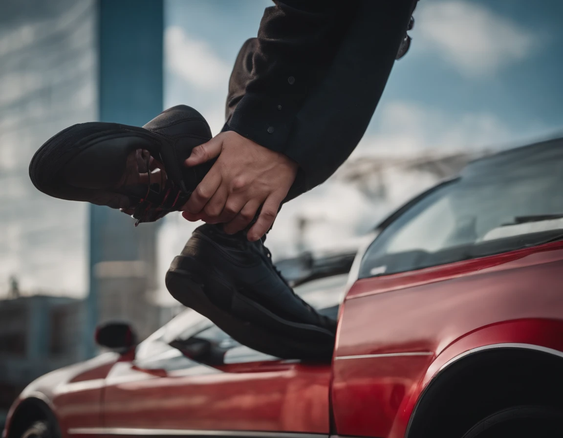 Markiplier being a giant and slowly stepping down on a car with his toe from a lowered perspective while grabbing on a building with one hand and with the other on his hip whiles his underwear are tearing to the limits