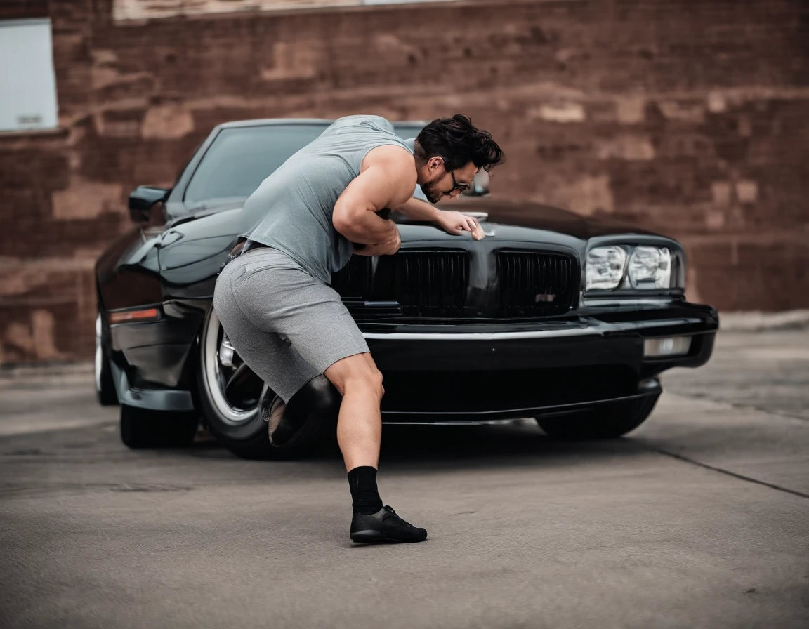 Markiplier being a giant and slowly stepping down on a car with his toe from a lowered perspective while grabbing on a building with one hand and with the other on his hip whiles his underwear are tearing to the limits