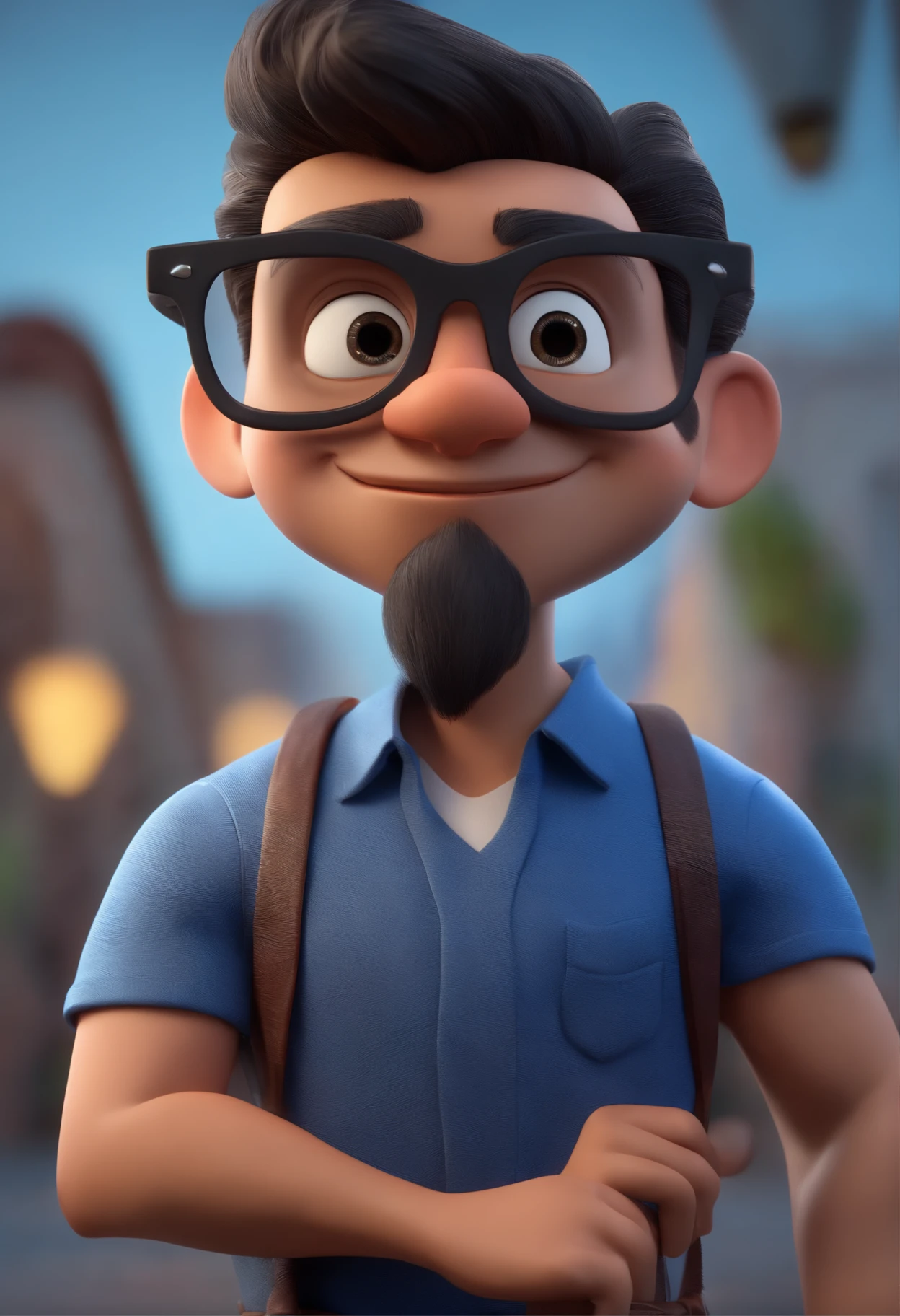 Cartoon character of a man wearing black glasses and a blue shirt, um personagem animado, Caractere estilizado, animation style rendering, 3D estilizado, Arnold Maya render, 3 d render stylized, toon render keyshot, Personagem 3D, Personagem 3D, 3d rendering stylized, 3 d character render, personagem de desenho animado, Personagem de close up, Pose de personagem, (Estilo Pixar) (master part:1.2) (Bokeh) (best quality) (pele detalhada) (textura detalhada) (8k) (argila) (Cinematic lighting) (foco nítido，Senta e vaza a parte superior do corpo