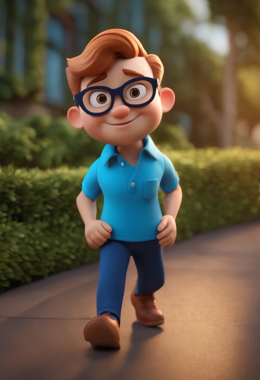 Cartoon character of a man wearing black glasses and a blue shirt, um personagem animado, Caractere estilizado, animation style rendering, 3D estilizado, Arnold Maya render, 3 d render stylized, toon render keyshot, Personagem 3D, Personagem 3D, 3d rendering stylized, 3 d character render, personagem de desenho animado, Personagem de close up, Pose de personagem, (Estilo Pixar) (master part:1.2) (Bokeh) (best quality) (pele detalhada) (textura detalhada) (8k) (argila) (Cinematic lighting) (foco nítido,Senta e vaza a parte superior do corpo
