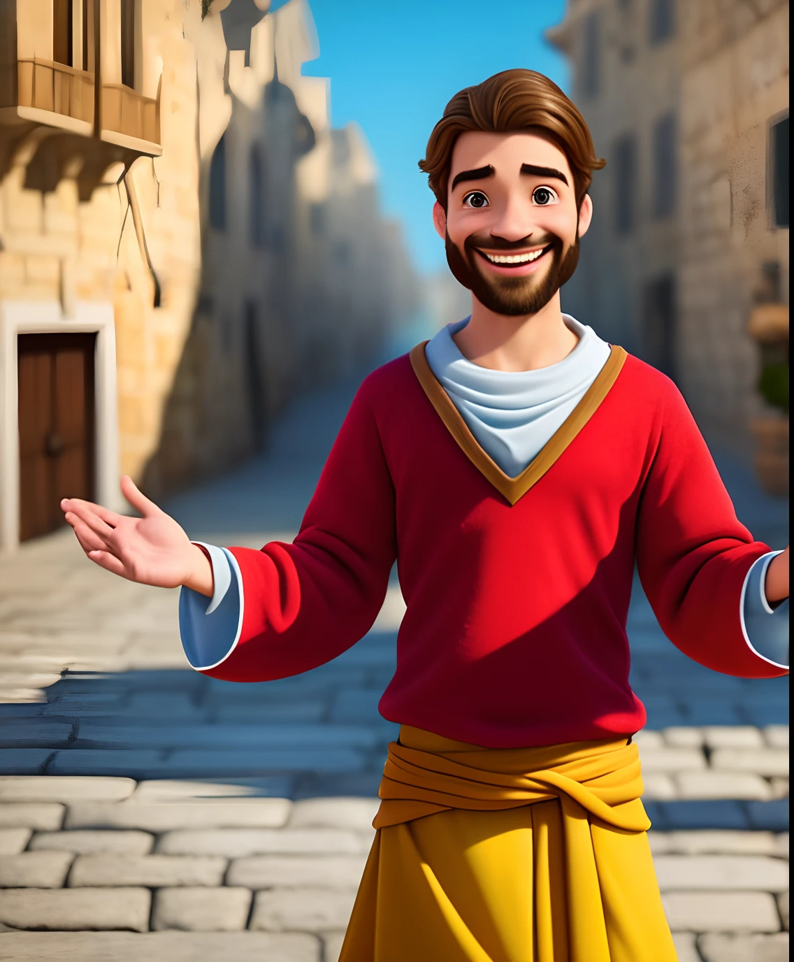 Qualidade de arte original, imagem de corpo inteiro, Disney character animation style, jovem e bonito Jesus Deus, Open Arms Pose, seu cabelo e muito bonito , his face is very beautiful he is smiling and happy to make him in the street of ancient Jerusalem together with the disciples