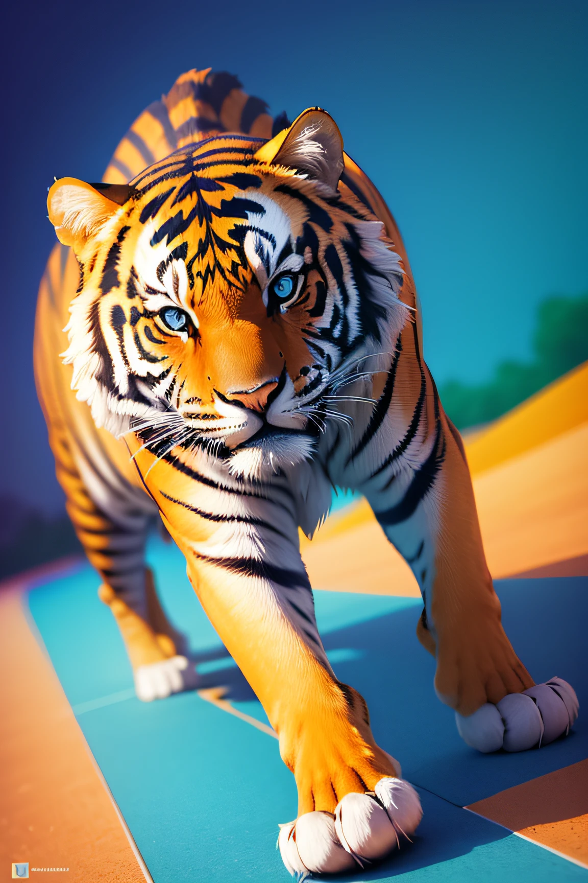 um tigre, Minimalist Colorful Organic Shapes, energia, Montado, Camadas, profundidade, vivo vibrante, ..3d, abstrair, em um fundo azul claro