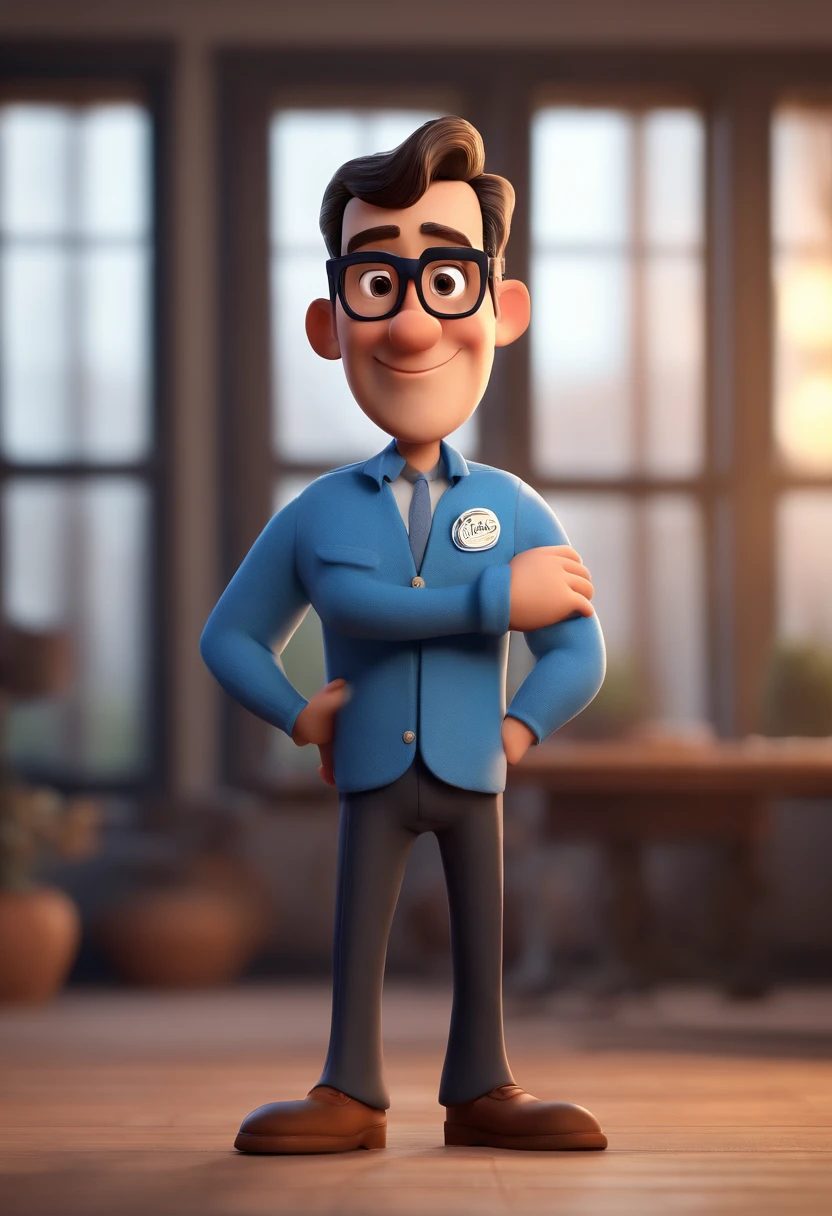 Cartoon character of a man with black glasses and a blue shirt, animation character, Caractere estilizado, animation style rendering, 3D estilizado, Arnold Maya render, 3 d render stylized, toon render keyshot, Personagem 3D, Personagem 3D, 3d rendering stylized, 3 d character render, personagem de desenho animado, Personagem de close up, Pose de personagem,  (Estilo Pixar) (master part:1.2) (Bokeh) (best quality) (pele detalhada) (textura detalhada) (8k) (argila) (Cinematic lighting) (foco nítido