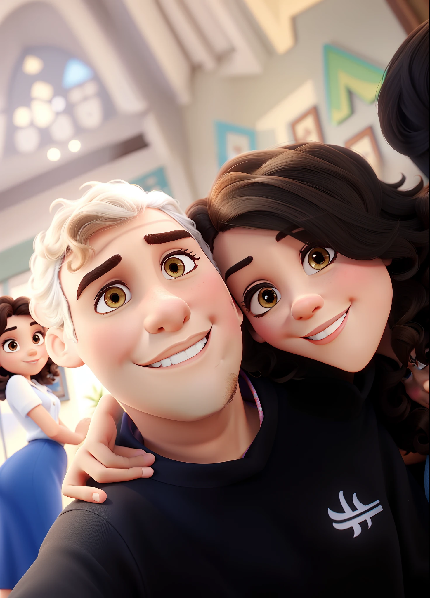 Casal estilo disney pixar melhor qualidade alta qualidade. Brunette man with curly short hair and brunette woman with brown eyes medium black hair