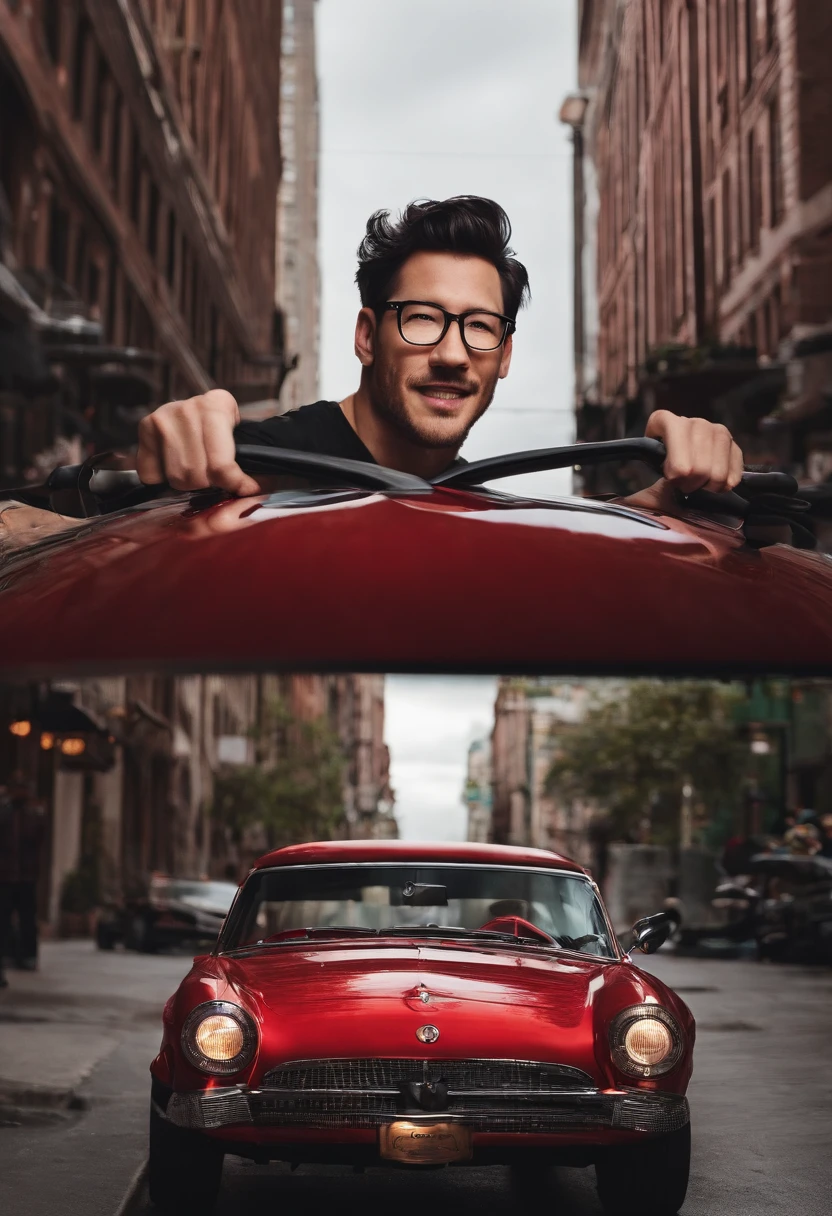Markiplier being a giant and using a car as a skateboard through the streets if the city while knocking buildings with his ass