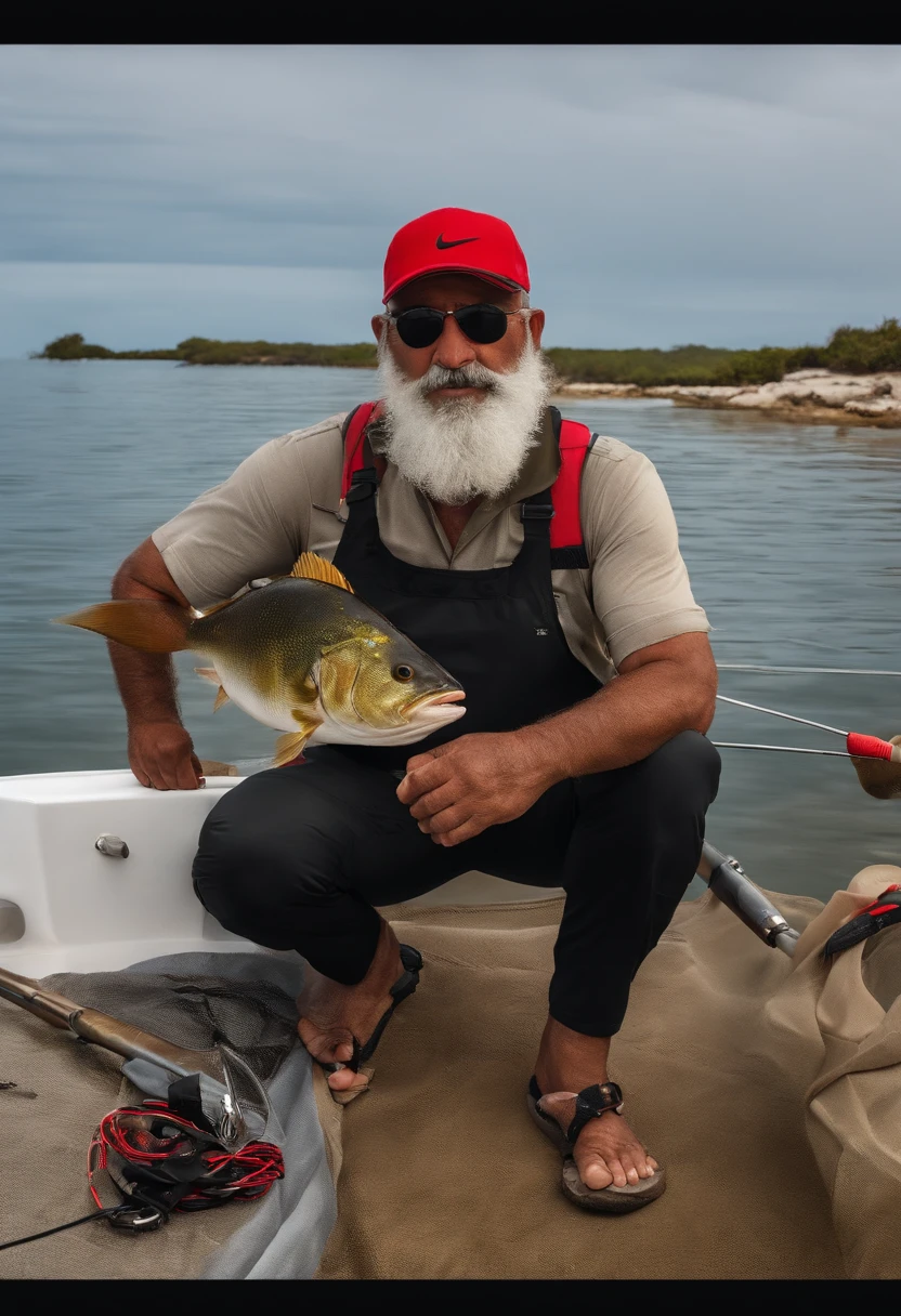 Pescador 36 anos , 1,68 alt , 86kg , barba lenhador preta, regata vermelha , bermuda Nike preta , Apple Watch , gold cord , black cap, chinelo Nike , Fish and fishing rod in hand