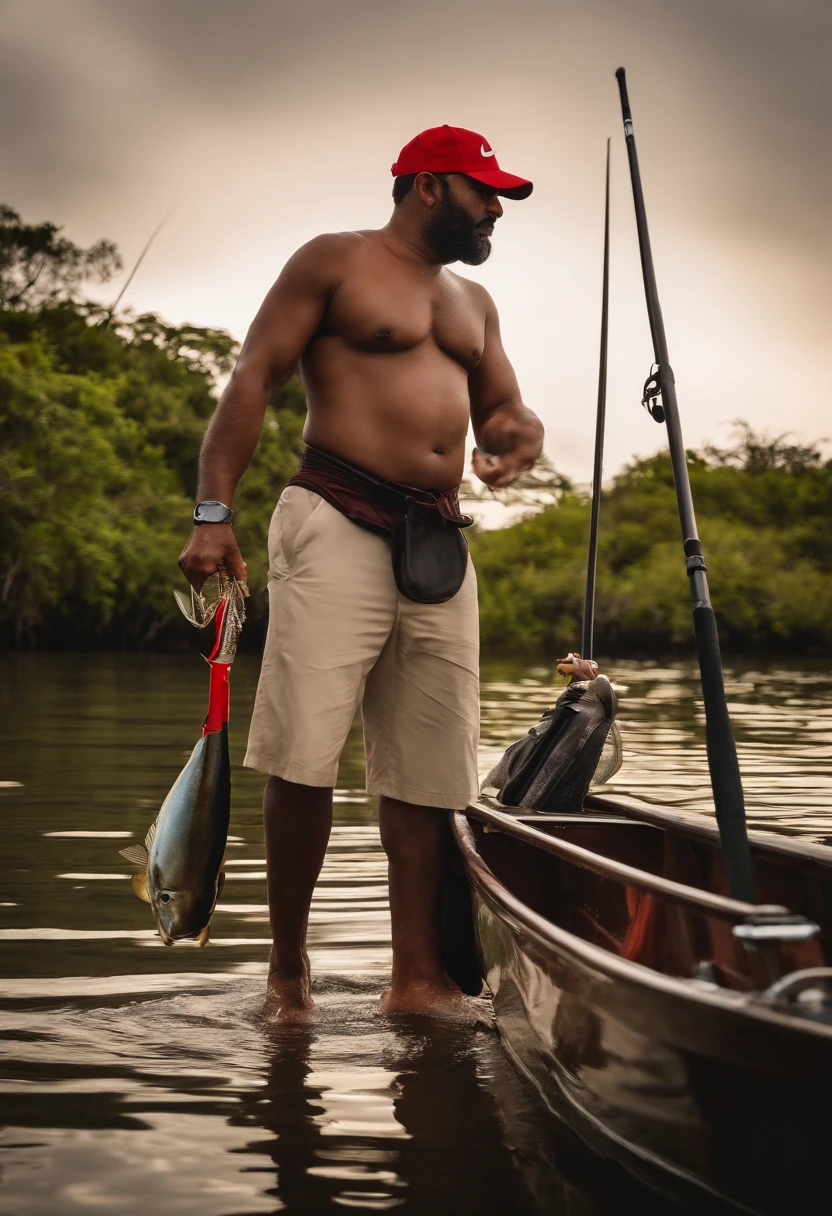 Pescador 36 anos , 1,68 alt , 86kg , barba lenhador preta, regata vermelha , bermuda Nike preta , Apple Watch , gold cord , black cap, chinelo Nike , Fish and fishing rod in hand