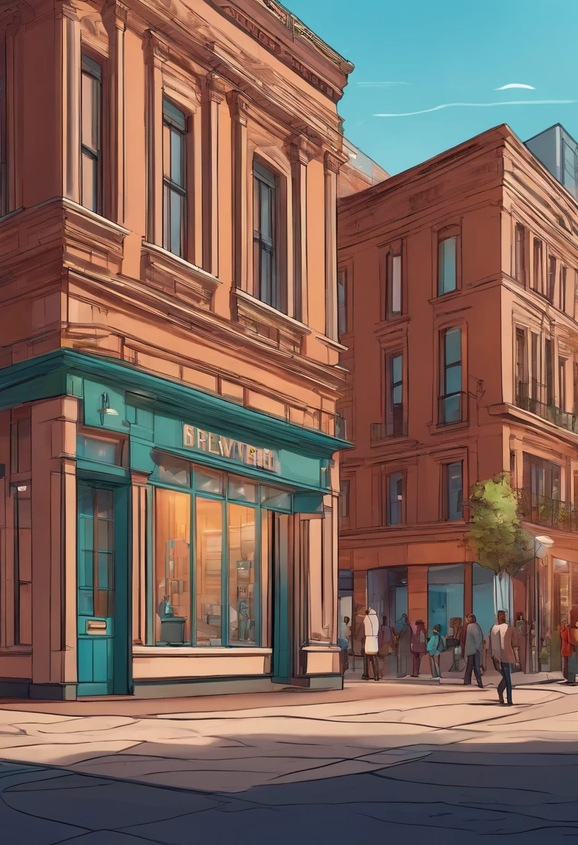 Pixar 3D style drawing of a slimming clinic in the city center with a character in the foreground