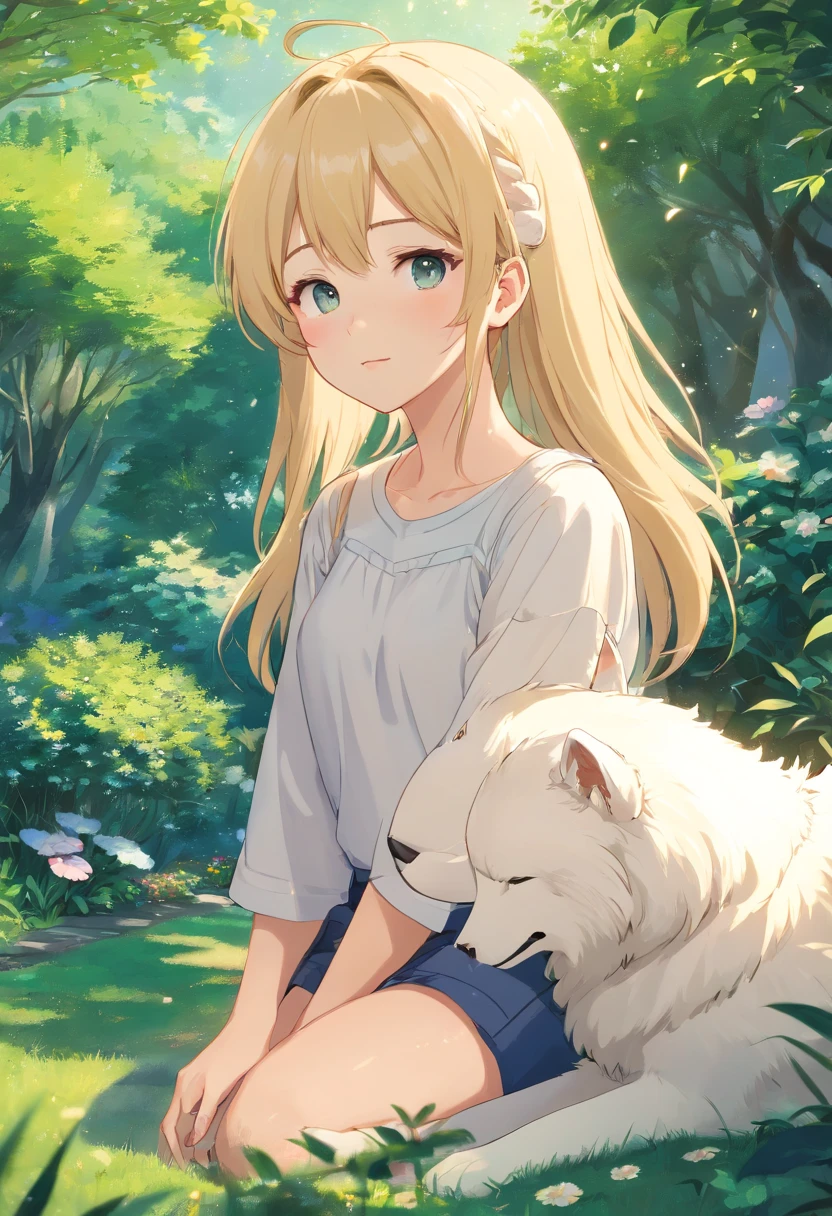 best quality, masterpiece, 1 girl, solo, blonde hair, super long hair, double twintails, perfect face, eyes open, perfect eyes, detailed eyes, sitting in the garden, there's a samoyed dog sleeping next to her, garden, magical, light particles