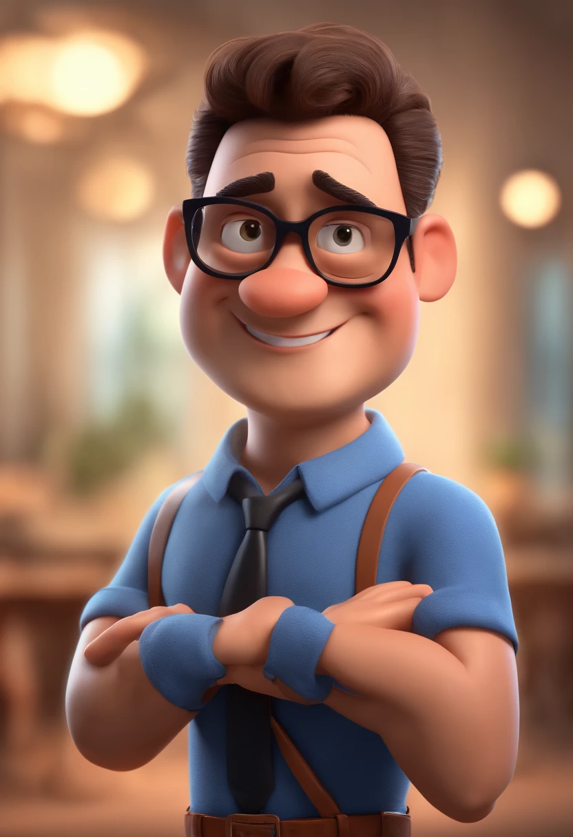 Cartoon character of a man with black glasses and a blue shirt, animation character, Caractere estilizado, animation style rendering, 3D estilizado, Arnold Maya render, 3 d render stylized, toon render keyshot, Personagem 3D, Personagem 3D, 3d rendering stylized, 3 d character render, personagem de desenho animado, Personagem de close up, Pose de personagem, (Estilo Pixar) (master part:1.2) (Bokeh) (best quality) (pele detalhada) (textura detalhada) (8k) (argila) (Cinematic lighting) (foco nítido