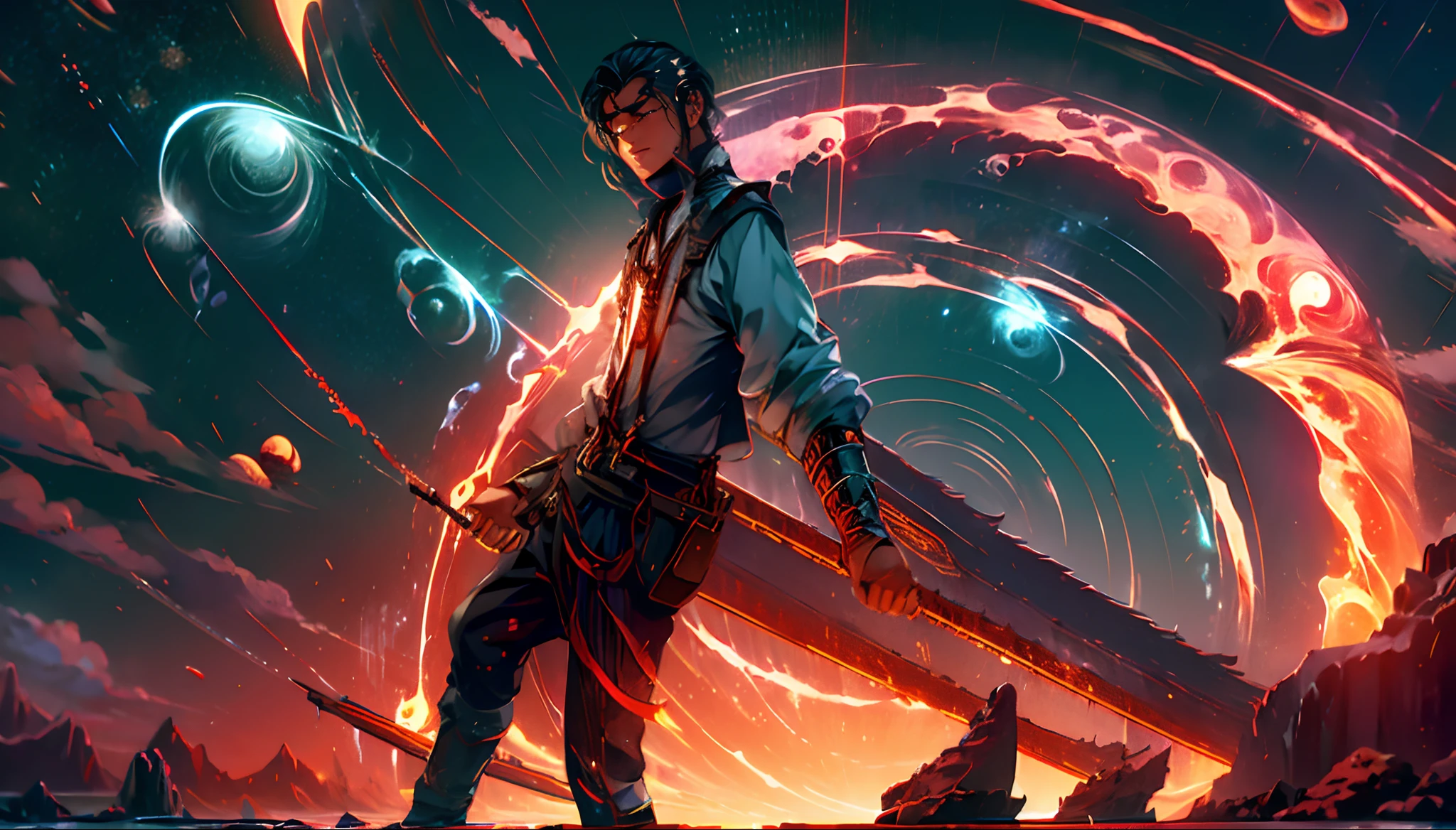 Starry sky over the sea,Great Blood Moon,Giant whales,Meteors streak across,aurora borealis,middle parted hairstyle,Suspenders,Boy student